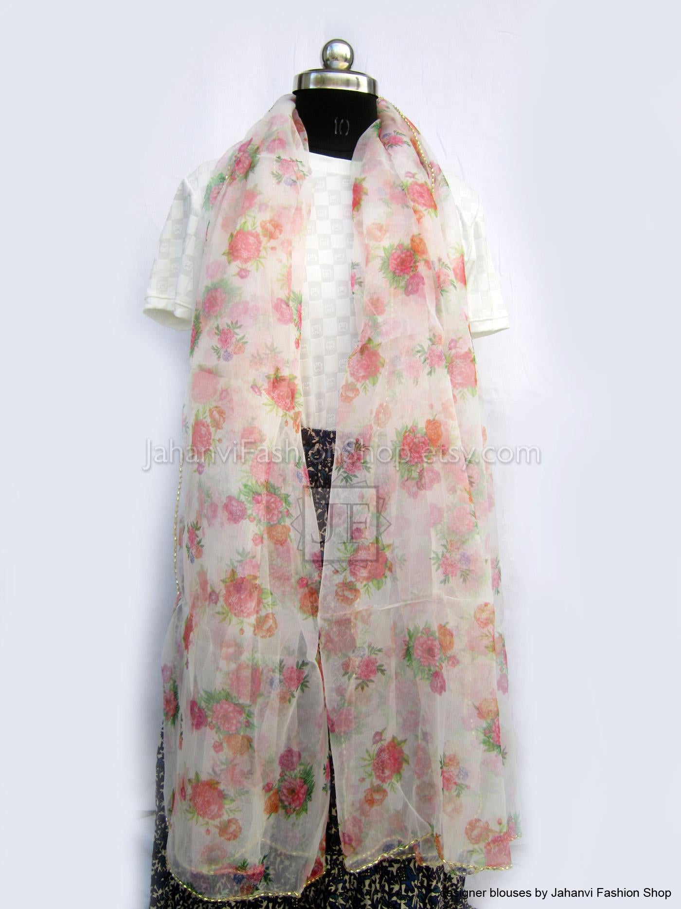 Womens Organza Dupatta- Pink Flowers Lightweight Scarf