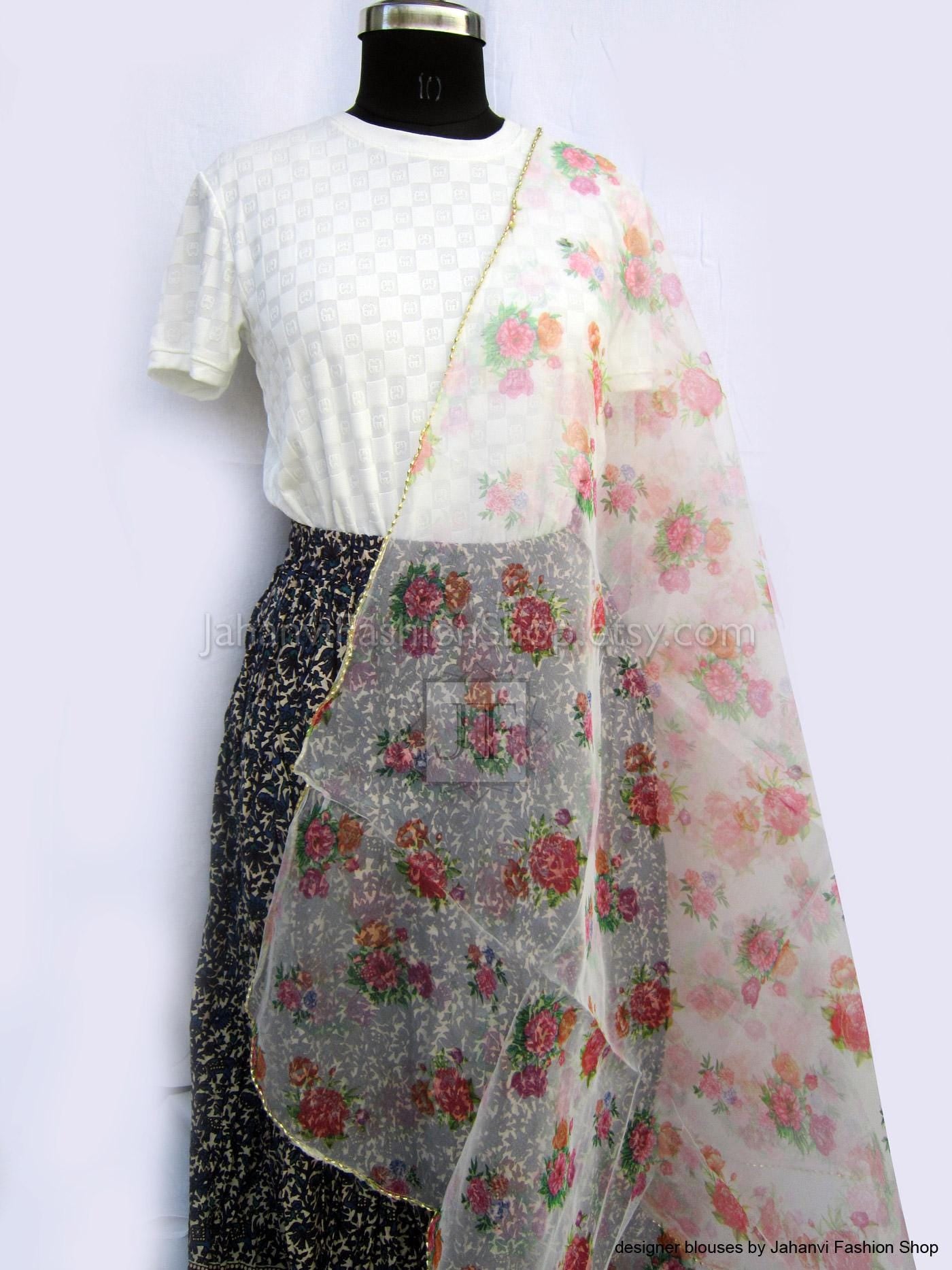 Lightweight sheer organza dupatta with pink floral print, long drape