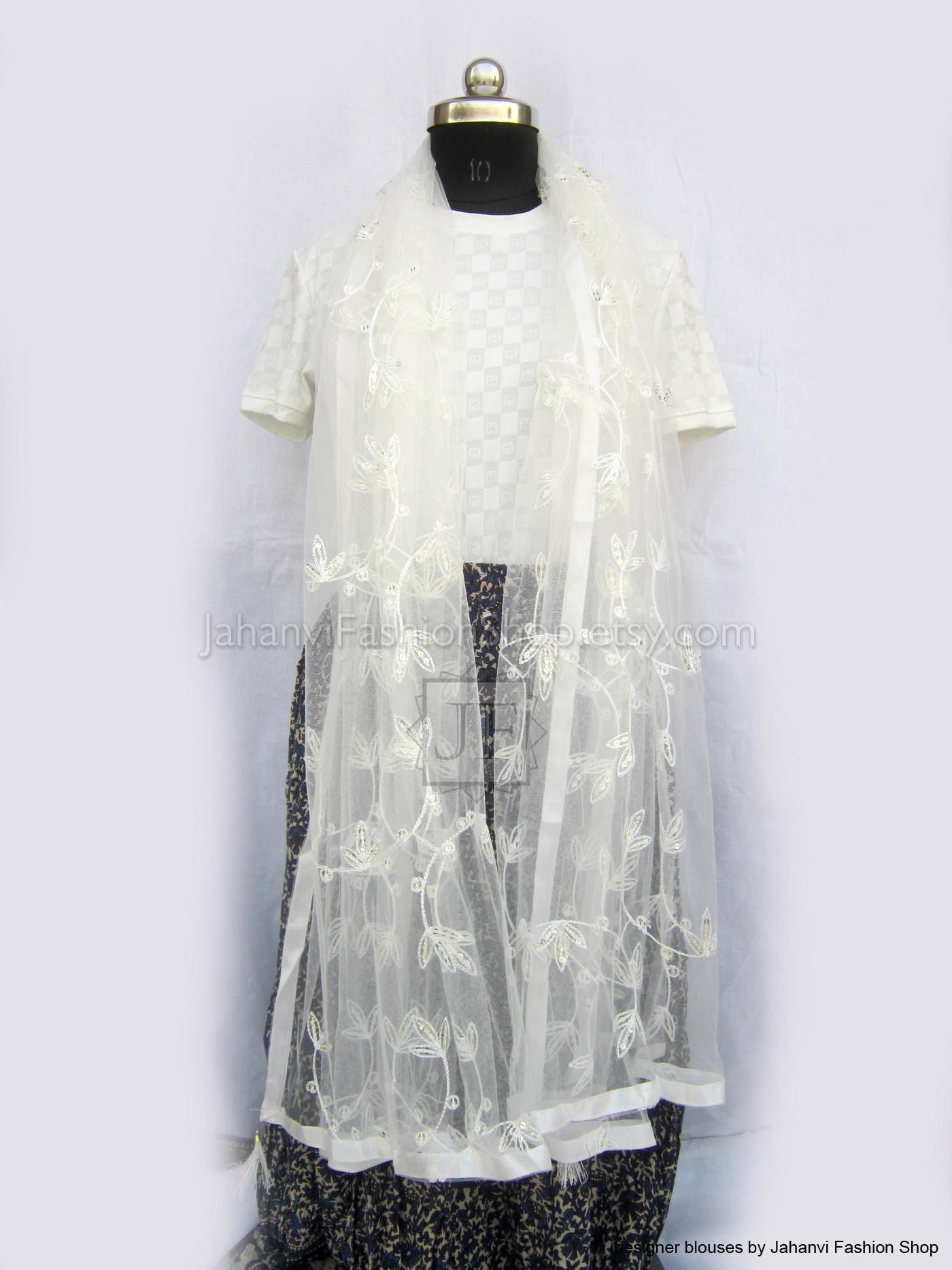 Women’s sheer embroidered dupatta scarf, white draped overlay with floral edging