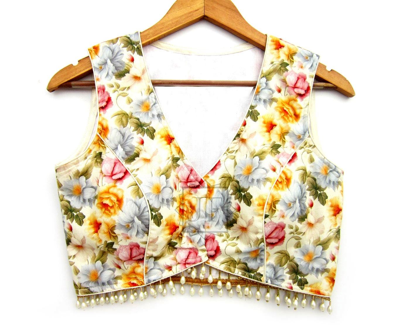 Linen V-Neck Exclusive Saree Blouse: Multicolor, Back Covered, Party Wear
