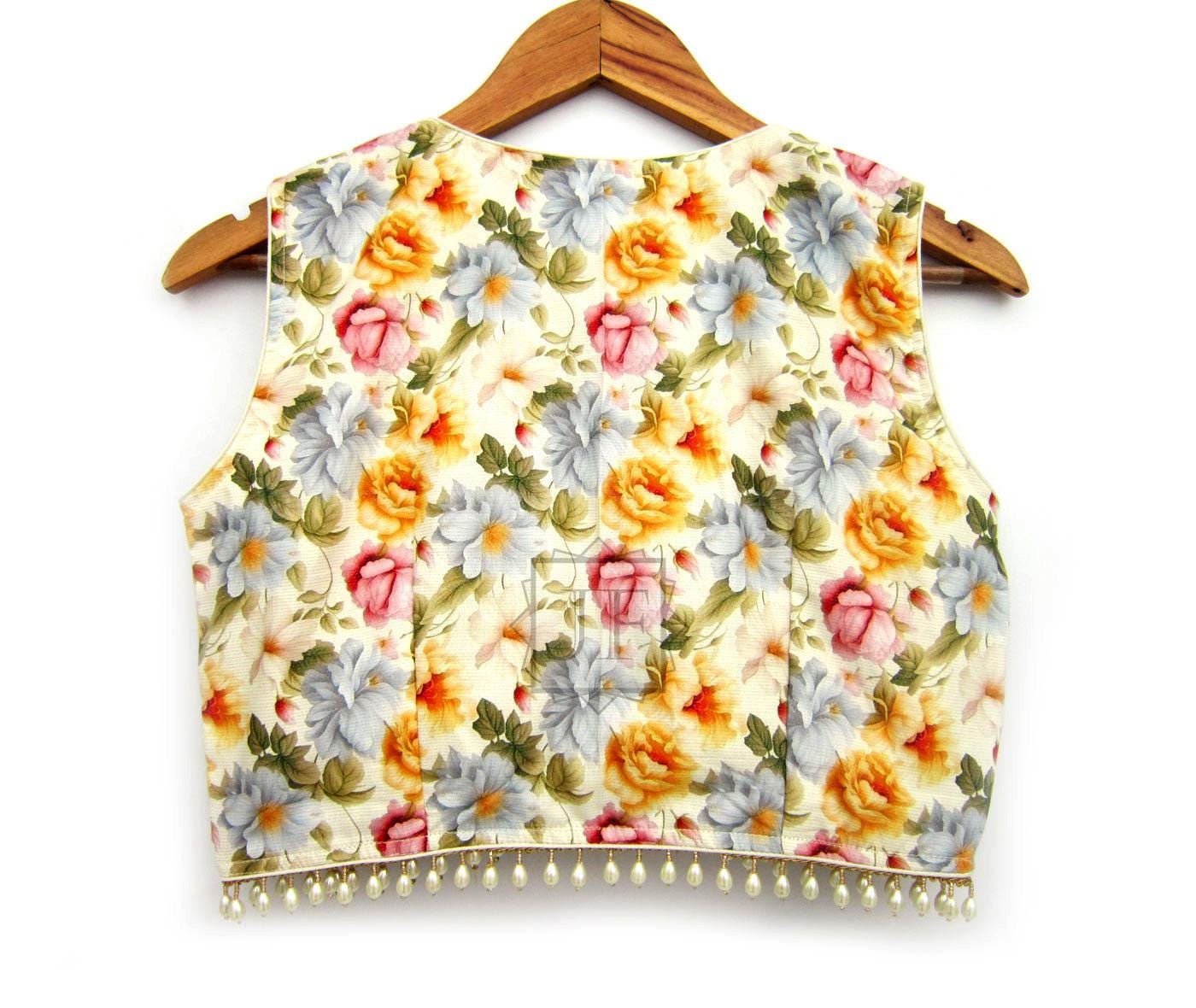 Linen V-Neck Exclusive Saree Blouse: Multicolor, Back Covered, Party Wear
