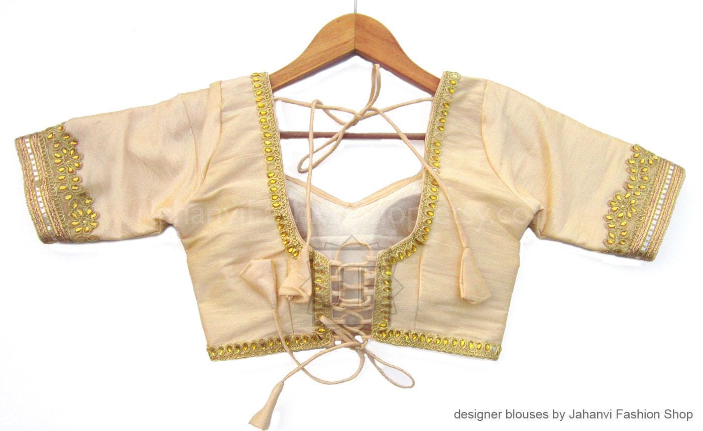 Bridal Dupion Silk Saree Blouse: Golden Stone Lace - Custom Sizes Sari Top