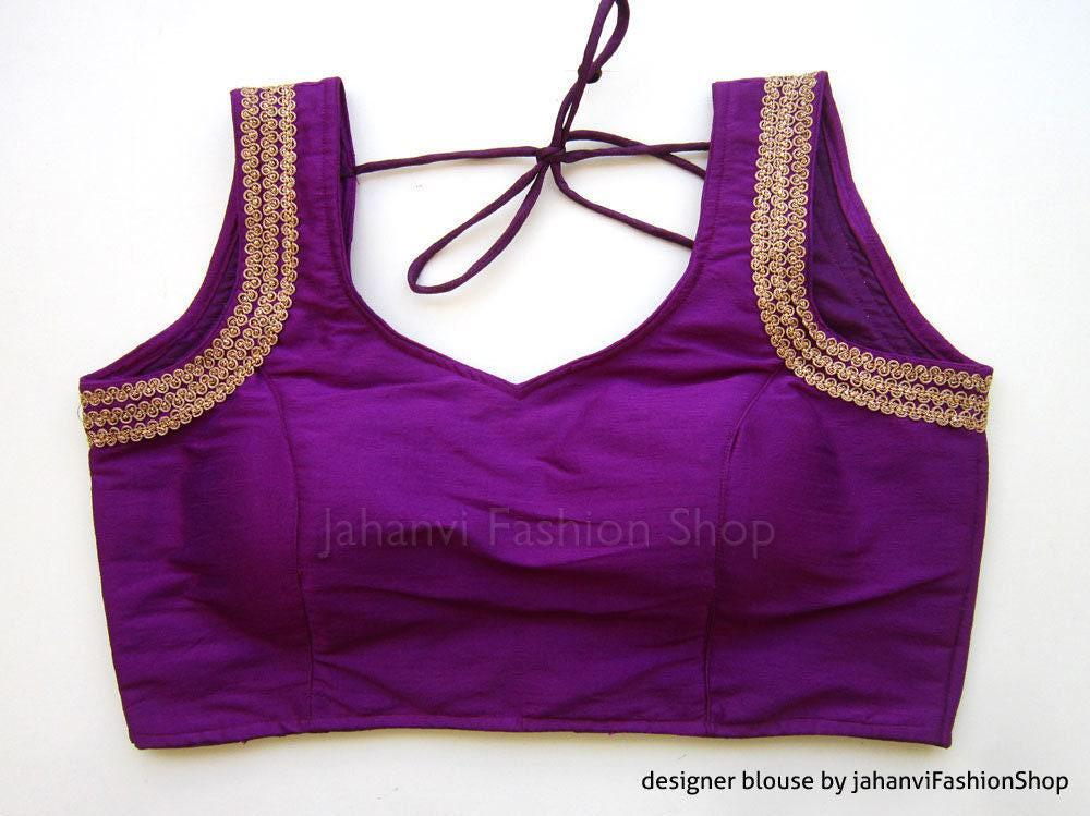Sweetheart Neck Saree Blouse: Violet Brocade Fabric