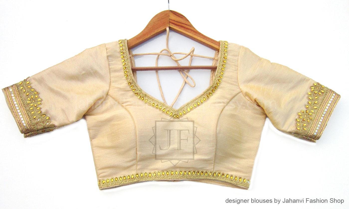Beige bridal dupion silk saree blouse with gold stone lace trim, short sleeves