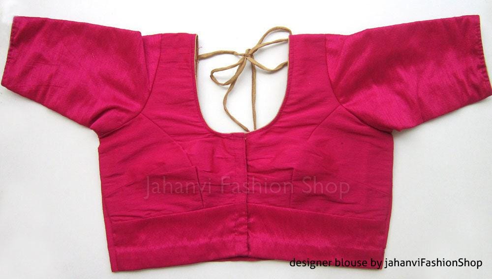 Magenta silk blouse, front hook and keyhole neckline, short sleeves, back drawstring tie