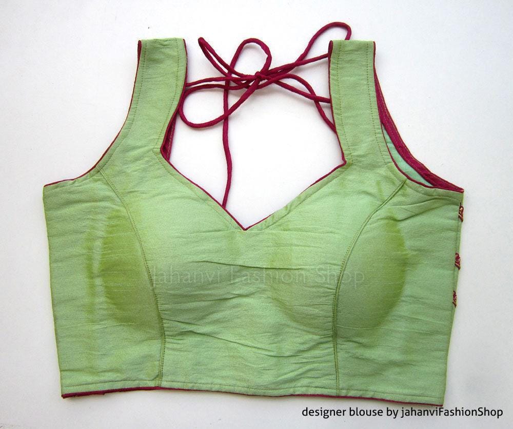 Sea Green Dupion Silk Saree Blouse Designer Pentagon Panchkuta Neck, Contrast Piping Edges Sleeveless Back Hook Padded Halter Style Crop Top