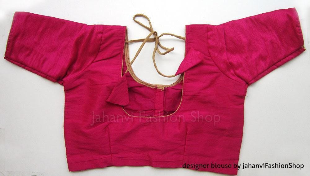 Magenta Silk Saree Blouse: Readymade, Traditional Dart Style, Short Sleeves, Front Hook, Custom Size