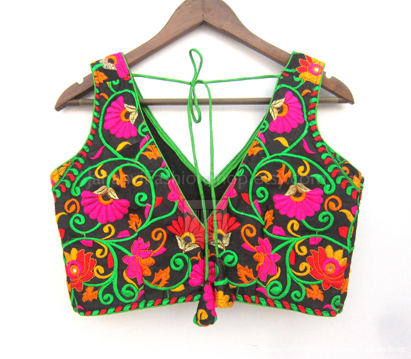 Embroidered Saree Blouse- Traditional Kutchi Design -V-Neck, Stitched