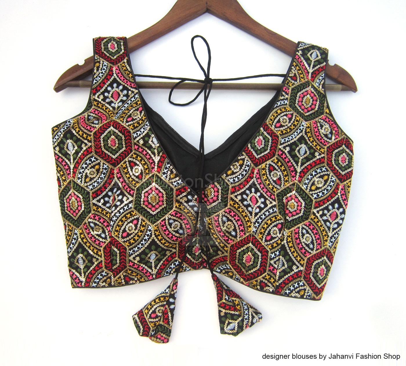 Black Embroidery V-Neck Saree Blouse- Lightweight Fabric
