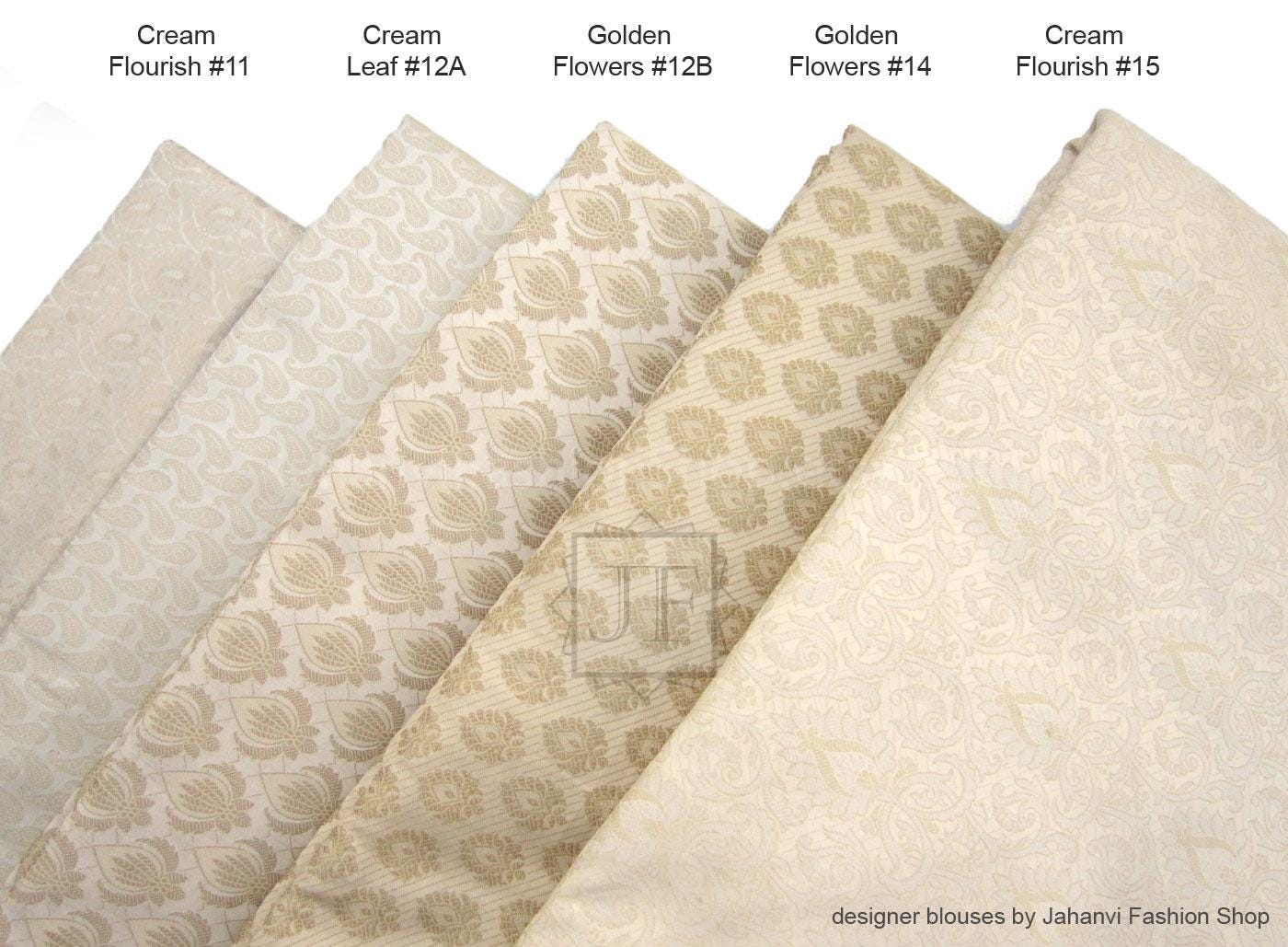 Cream and gold saree blouse fabric swatches with floral print, assorted panel styles