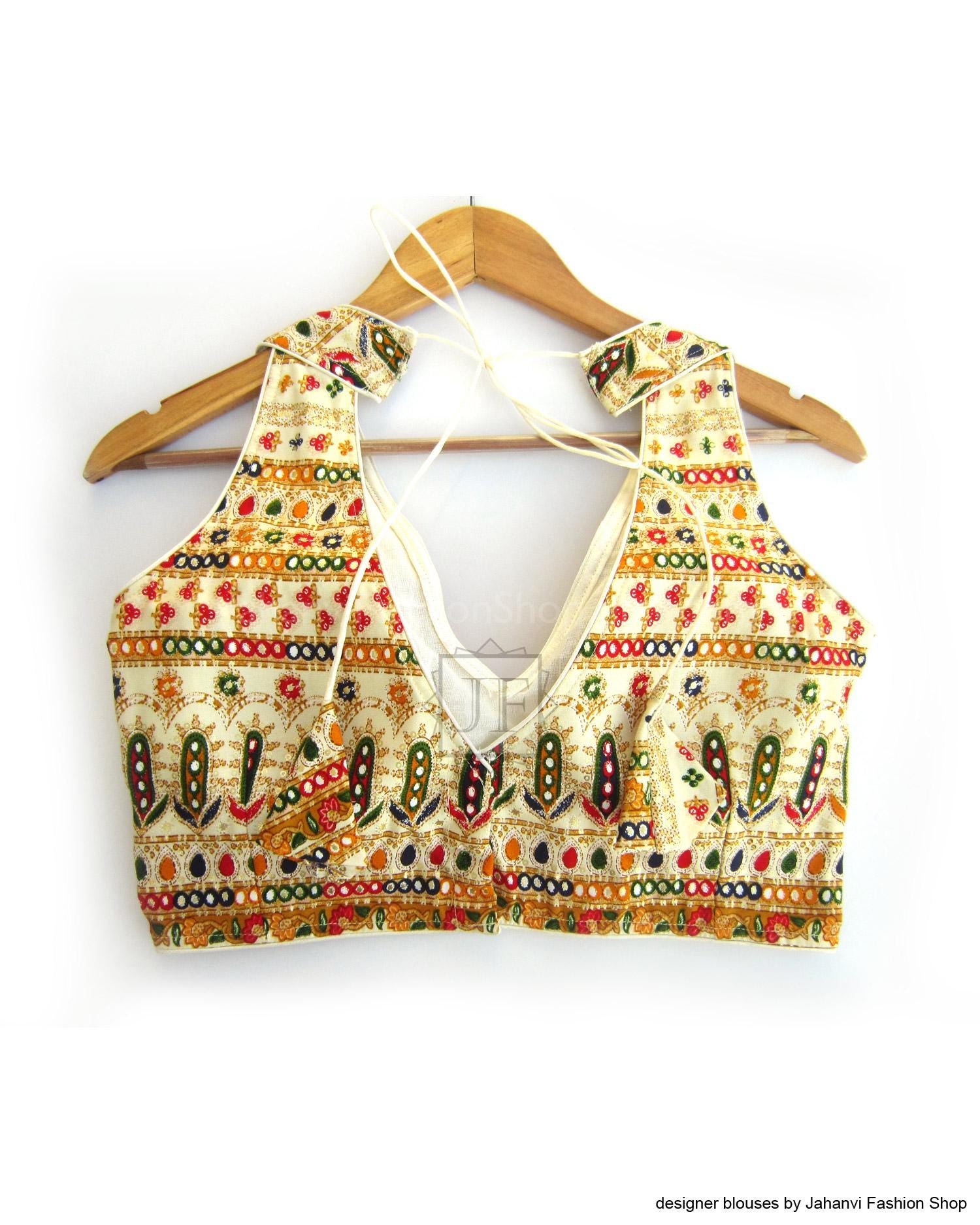 Sabyasachi Semi Halter Saree Blouse: Sleeveless, Back Hook, Padded Crop Top