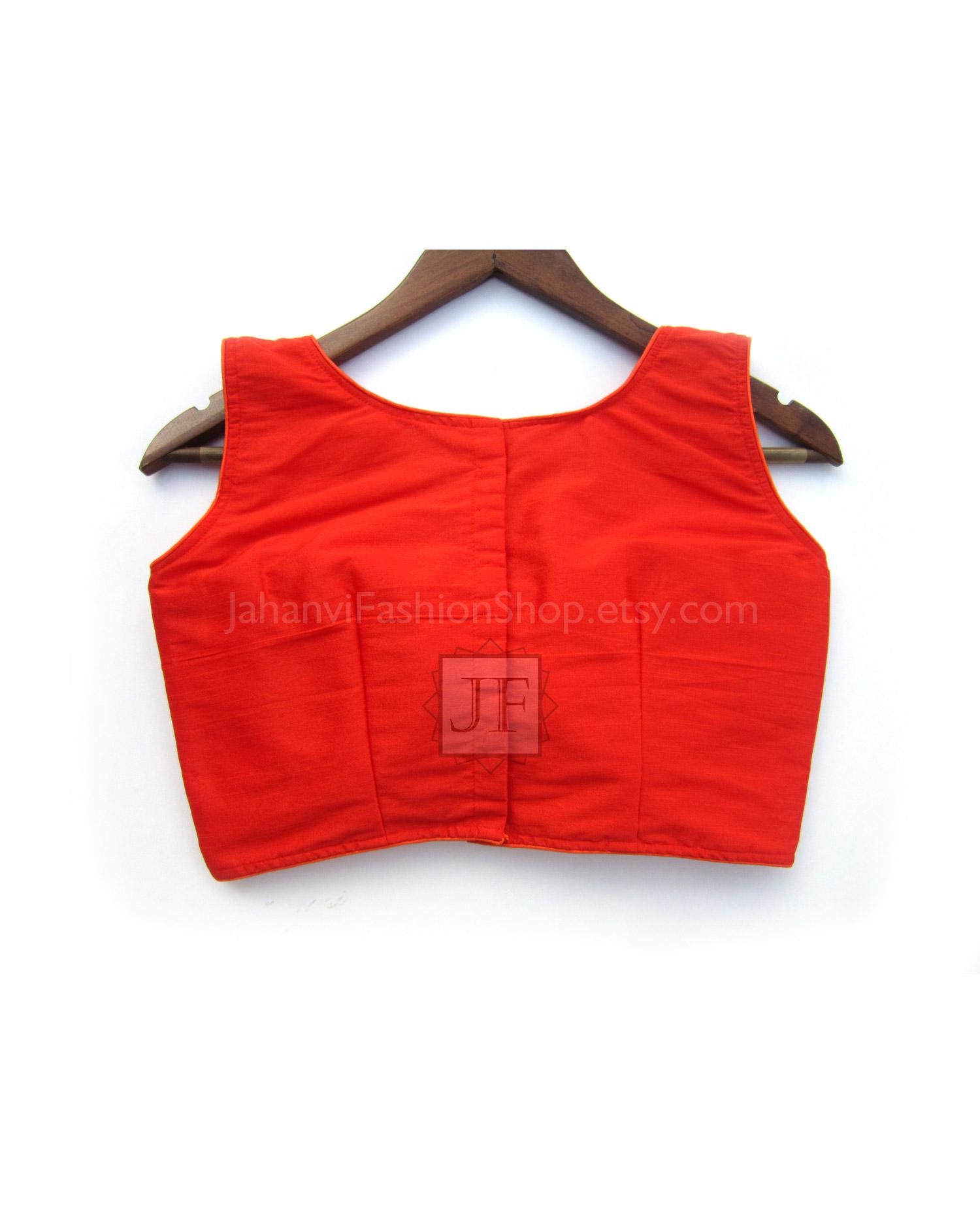 Red wide round neck saree blouse, sleeveless dupion silk with curved armholes
