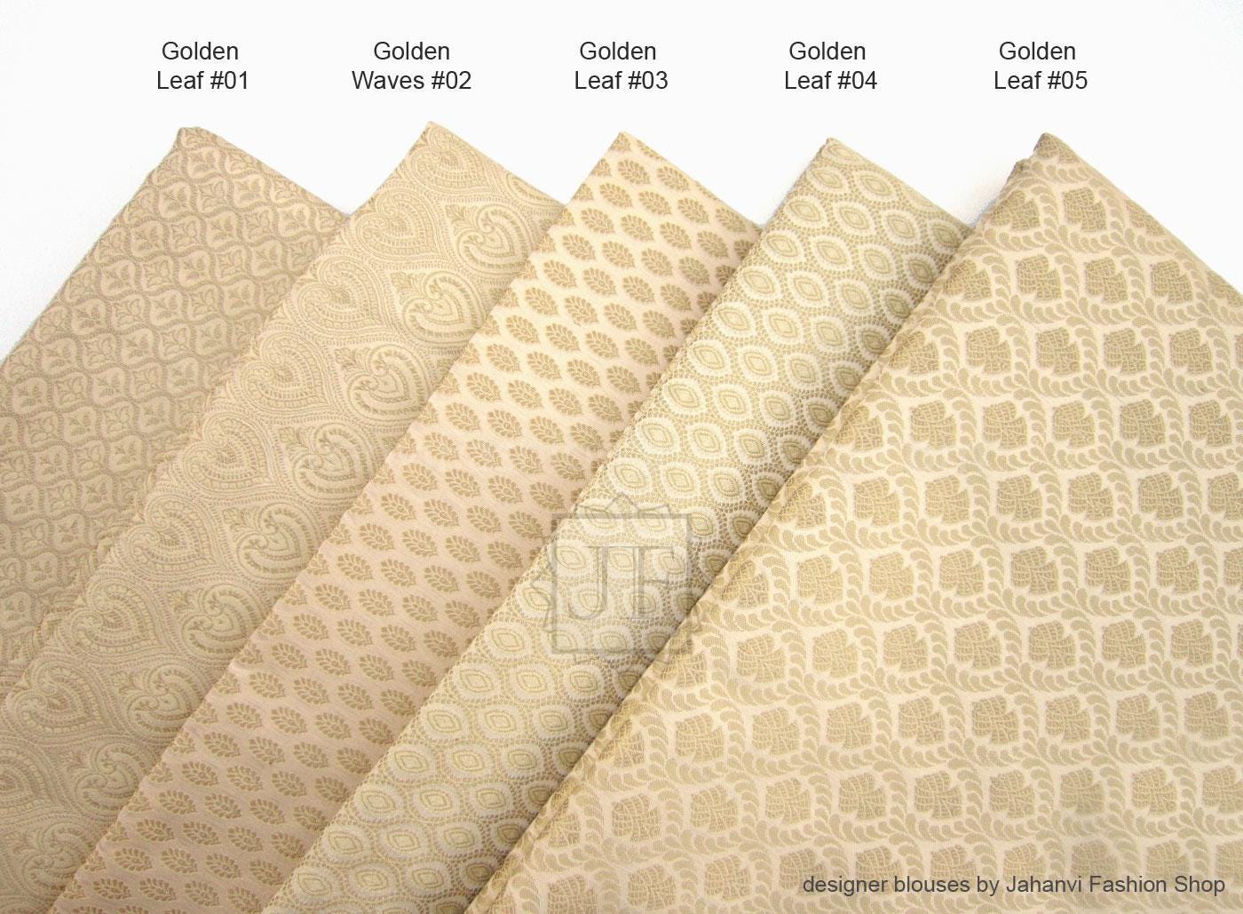 Gold-tone patterned fabric swatches with leaf and waves motifs