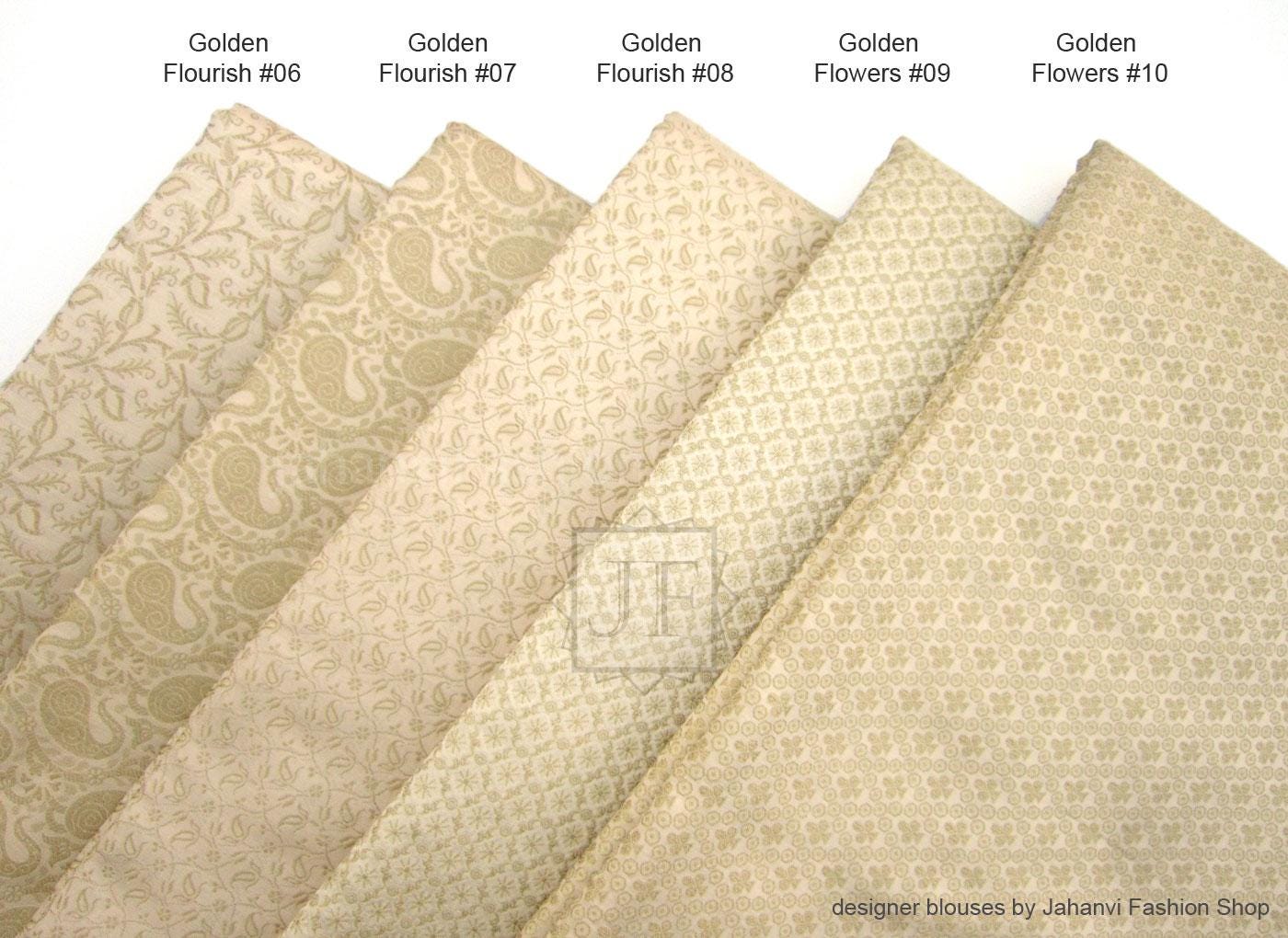 Golden brocade blouse fabric swatches with flourish and flower motifs
