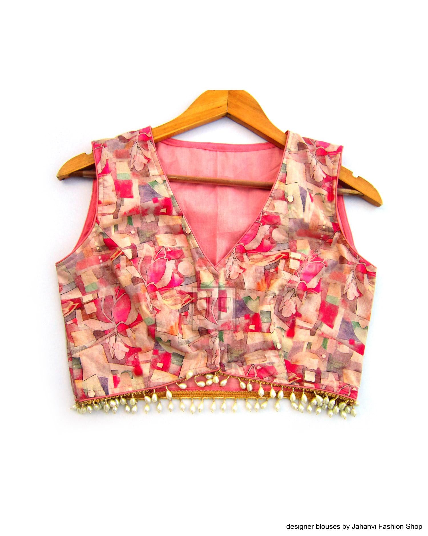 Linen V-Neck Exclusive Saree Blouse: Multicolor, Back Covered, Party Wear
