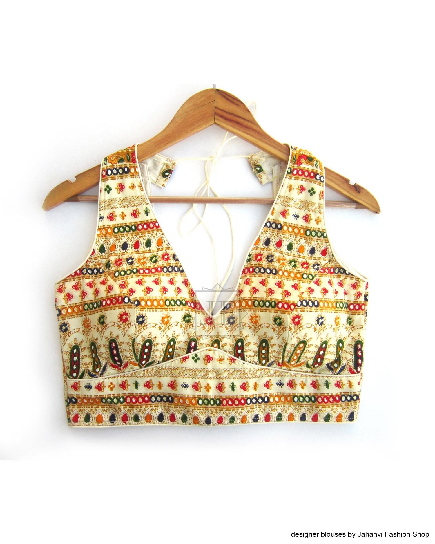 Sabyasachi Semi Halter Saree Blouse: Sleeveless, Back Hook, Padded Crop Top