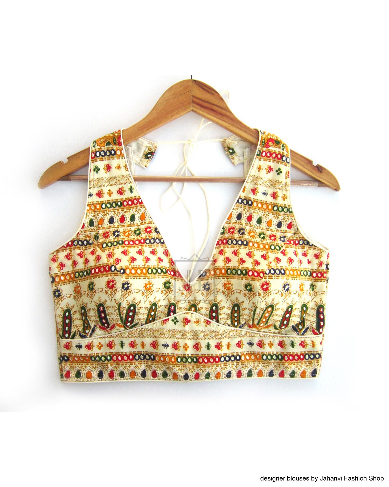 Sabyasachi Semi Halter Saree Blouse: Sleeveless, Back Hook, Padded Crop Top