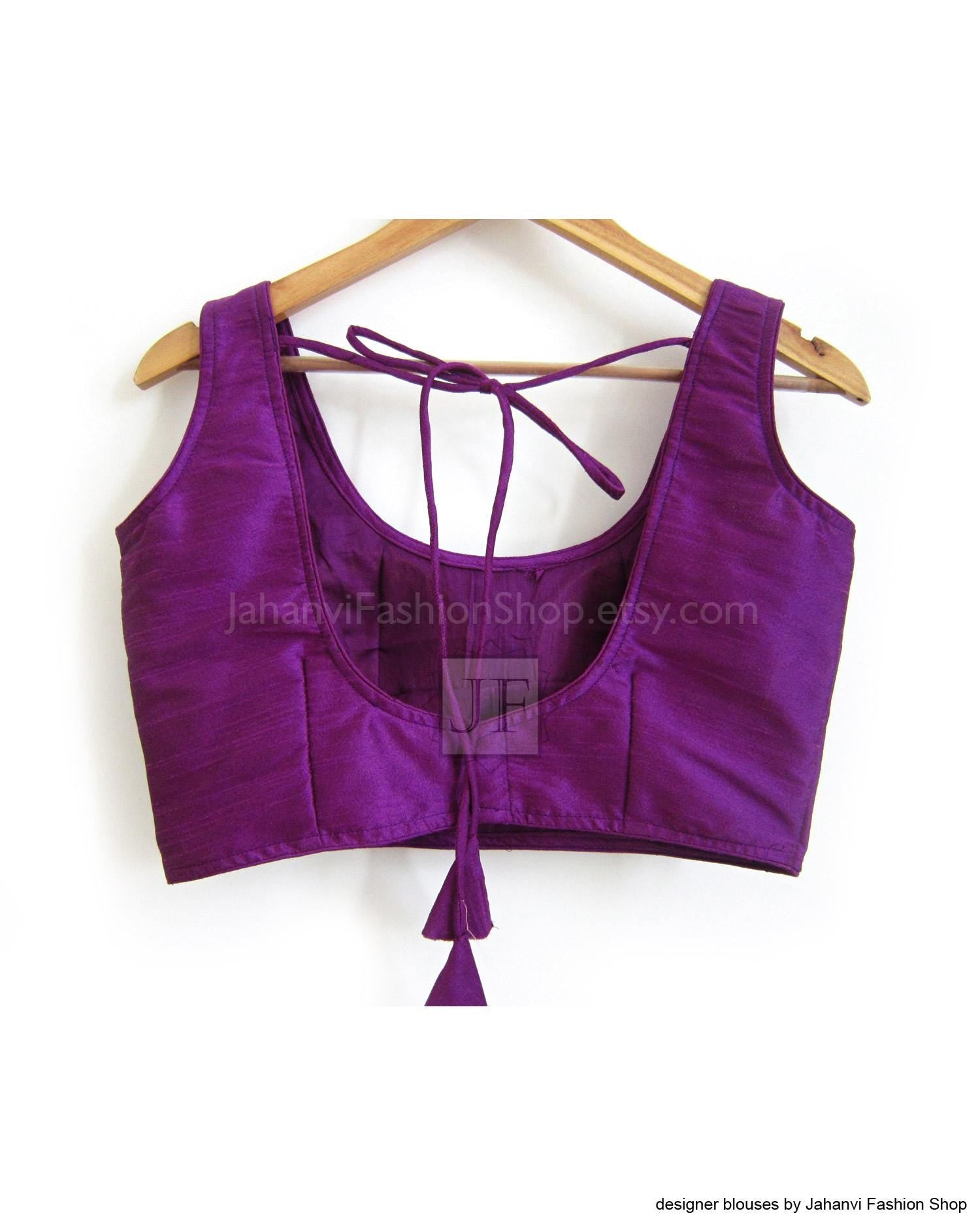 Sleeveless dark purple saree blouse with lace tie at open back