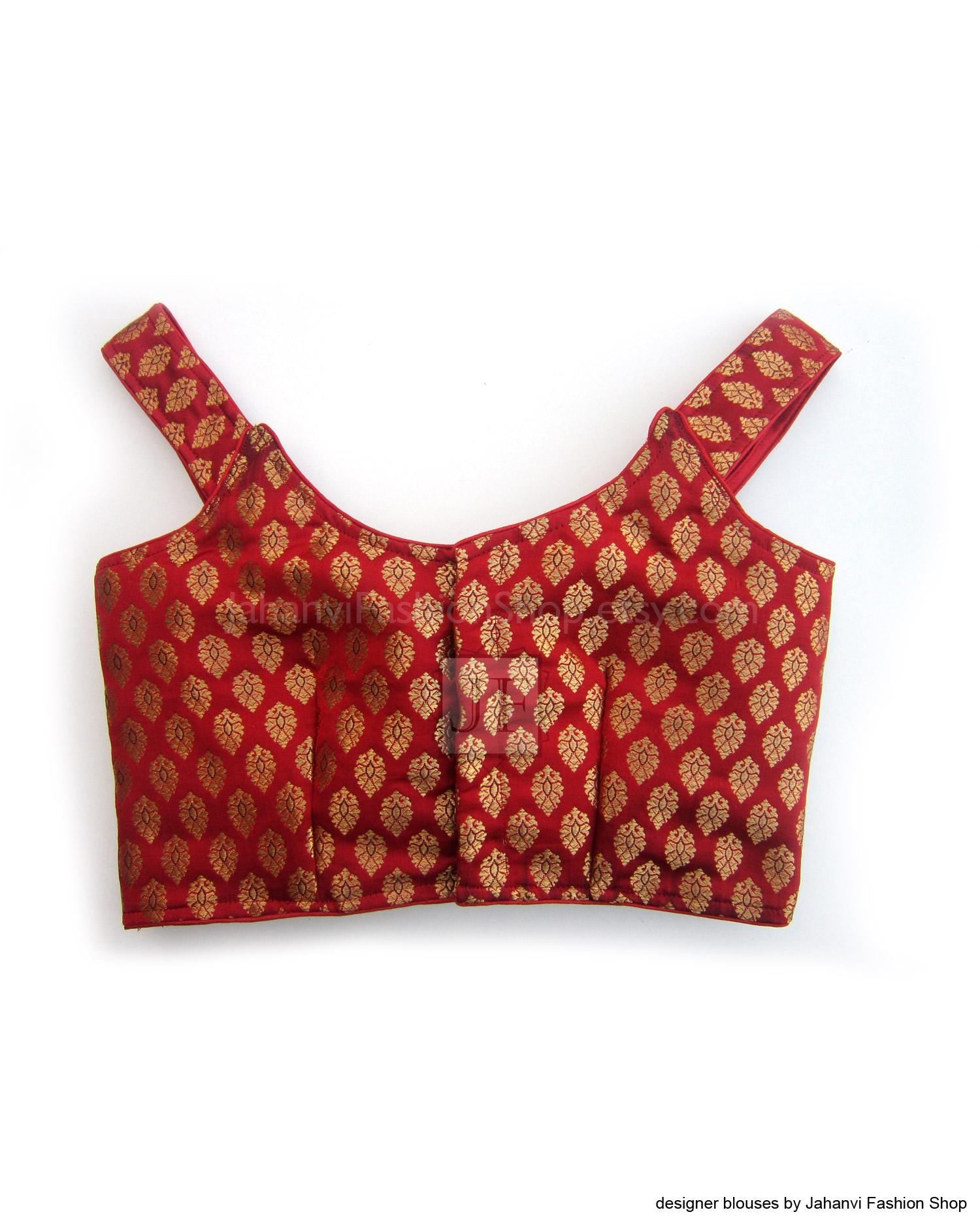 Off-shoulder brocade saree blouse in deep red and gold with short sleeves