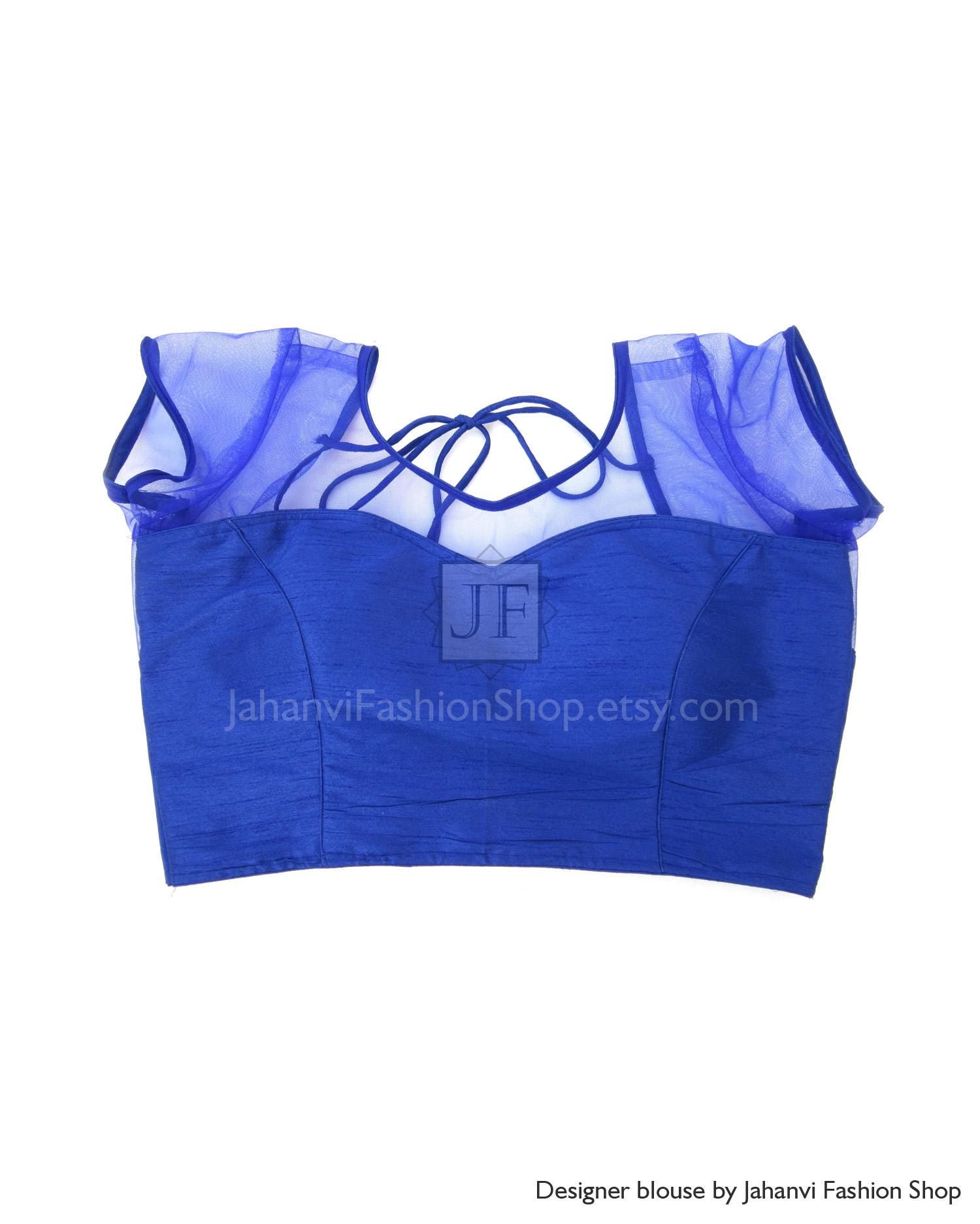 Blue sheer saree blouse crop top with draped sleeves and crisscross neck ties