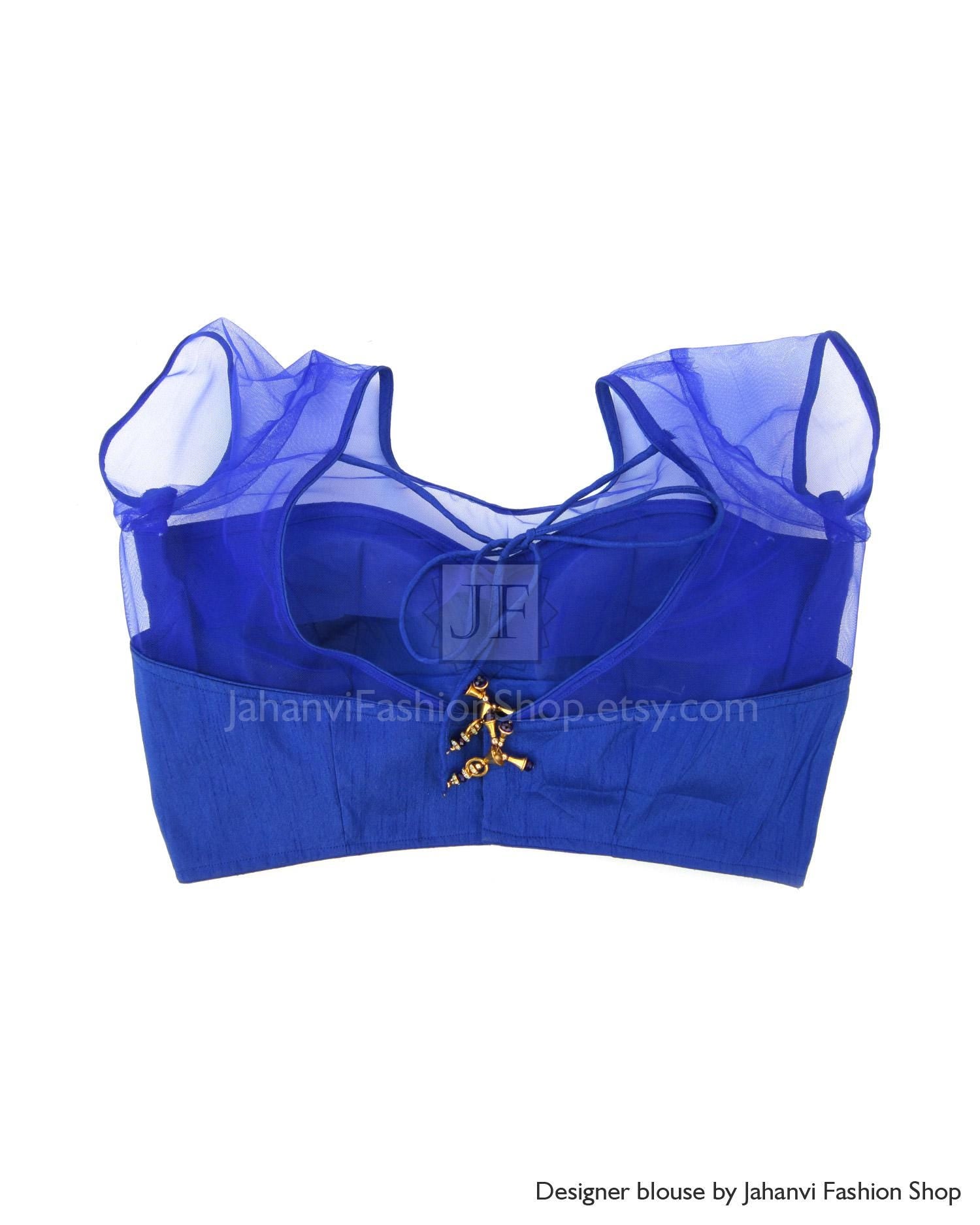 Royal blue sheer saree blouse crop top with ruffled sleeves and front neck ties