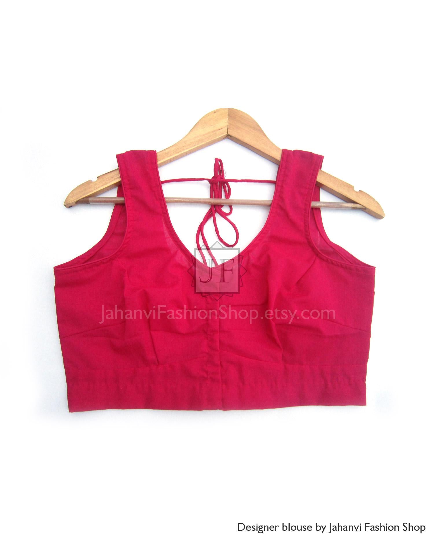 Magenta cotton sleeveless blouse with sweetheart neckline and back tie