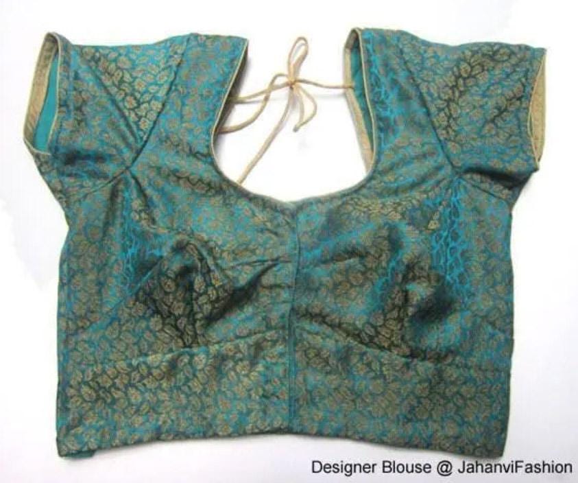 Teal blue brocade silk crop top blouse, wide boat neck, short sleeves, lace-up back