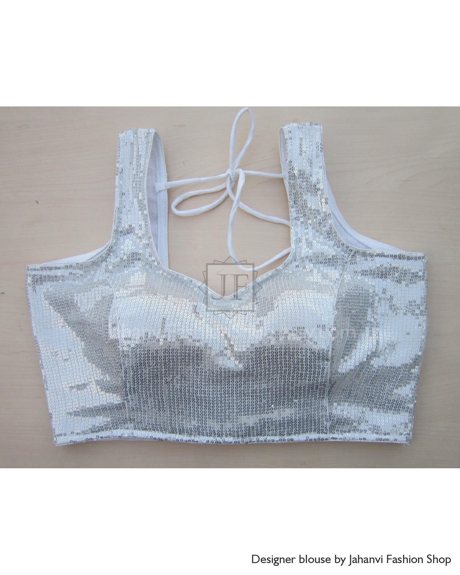 Silver sequin crop blouse with V neckline and tie back straps