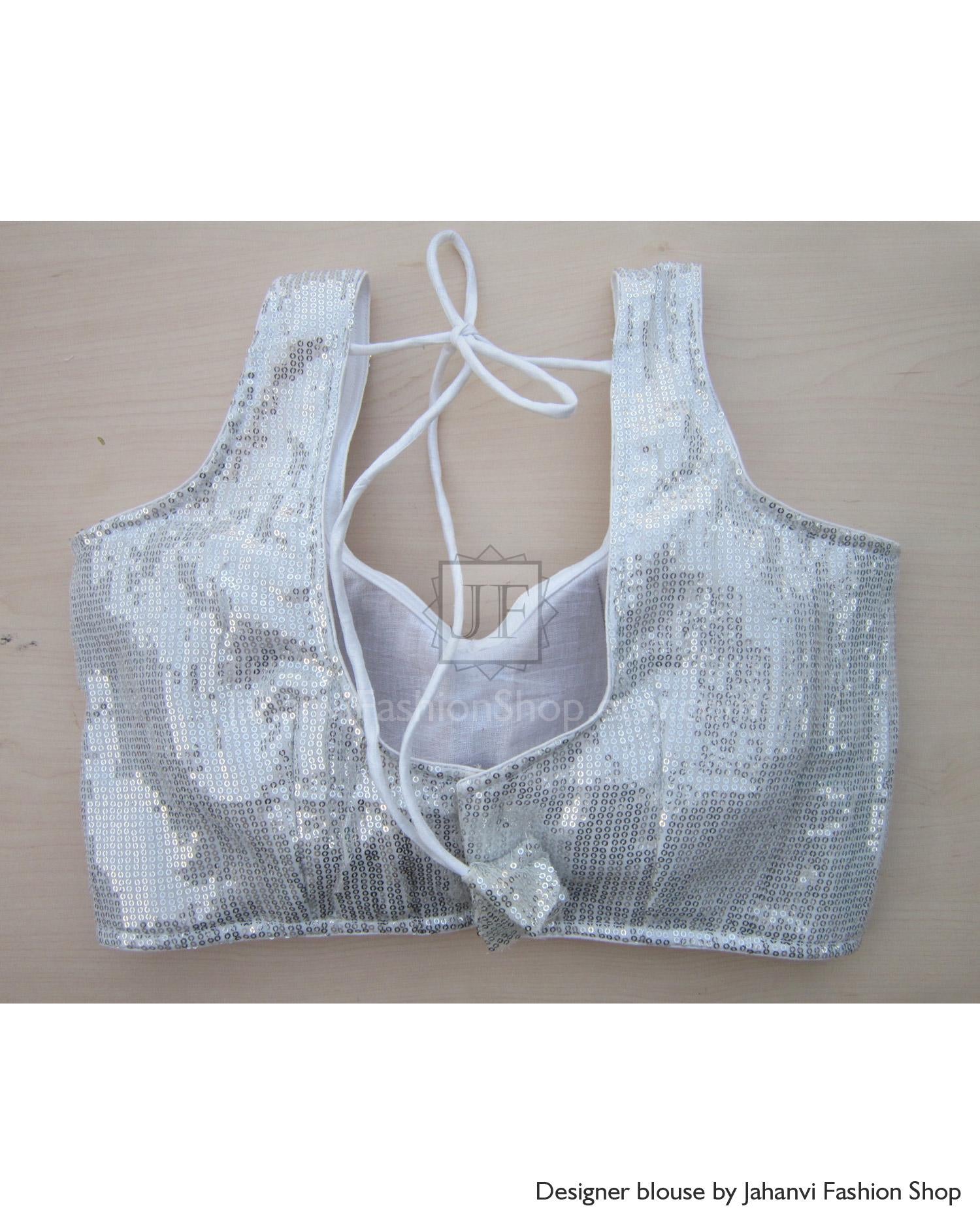 Silver sequin saree blouse crop top with V neck and crisscross back ties