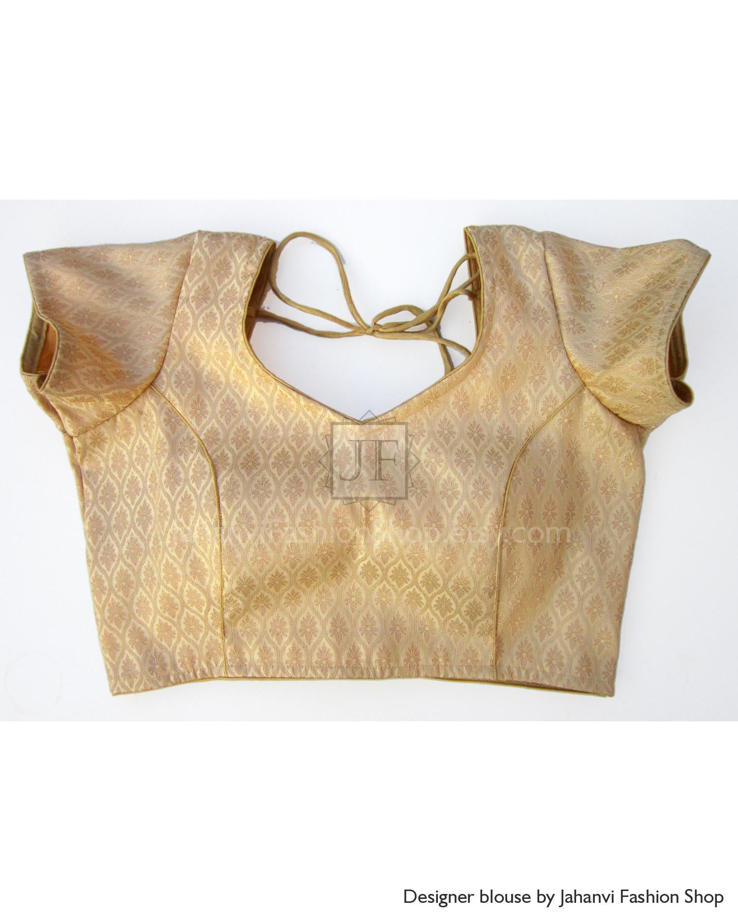 Golden Brocade Saree Blouse: Bridal Short Sleeves Sari Top, Custom Stitched