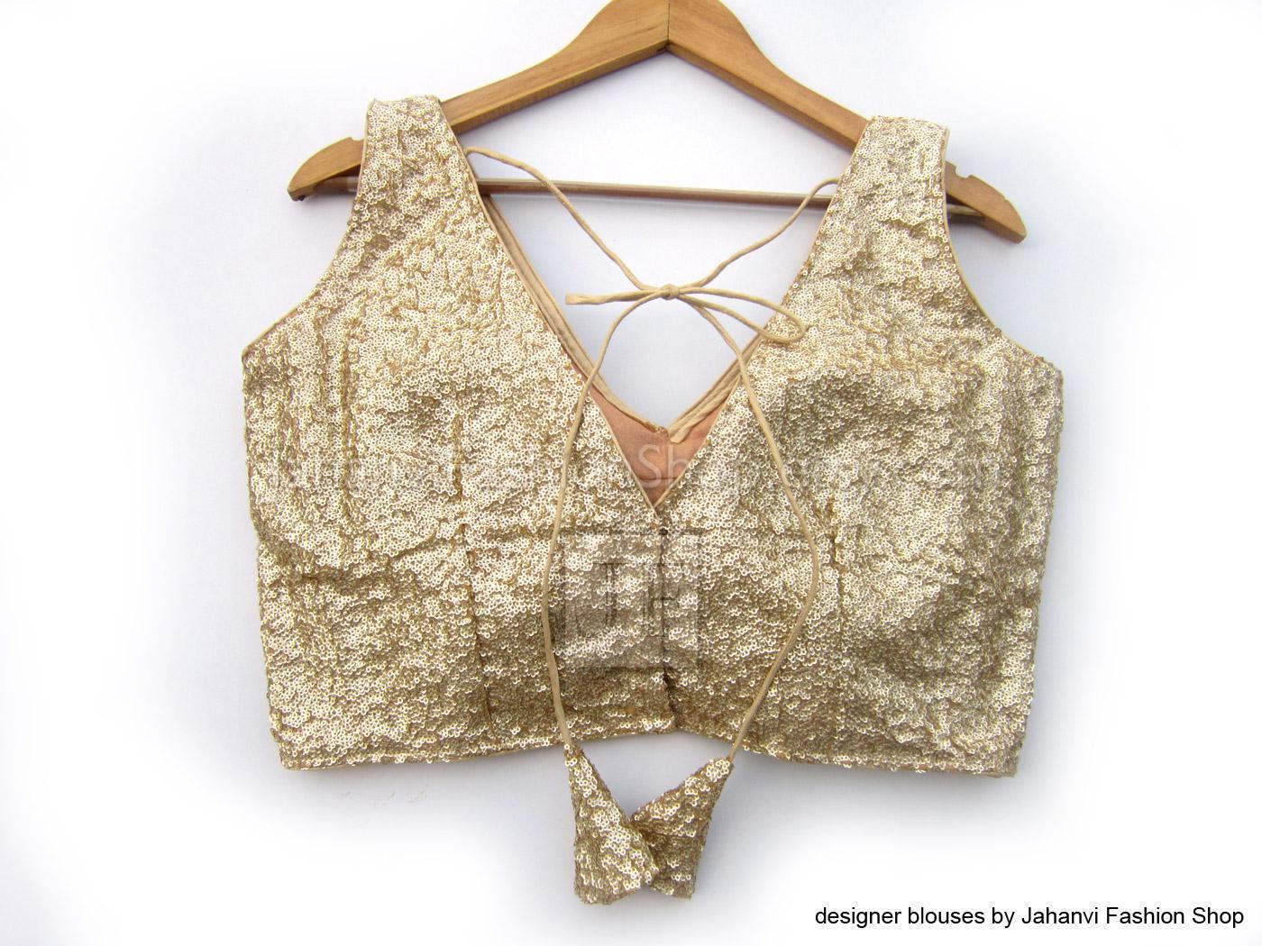 Light Golden Glitter Sequins Readymade Saree Blouse V-Neck Crop Top Tie Up Princess Cut Sleeveless Padded Premium Bridal Custom Wear Blouse