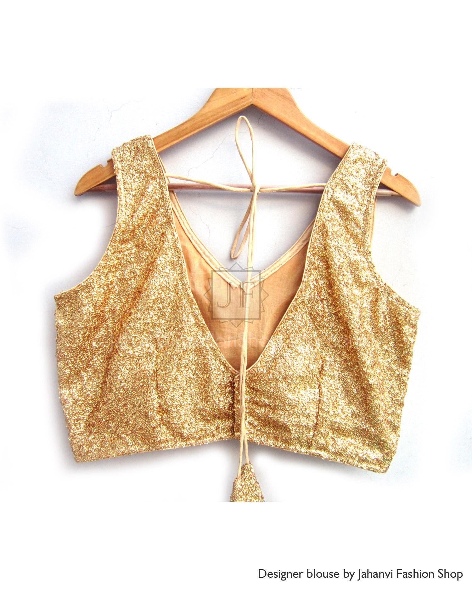 Golden Glitter Sequins Silver Saree Blouse V-Neck Indian Bollywood Crop Top, Black Princess Cut, Back Hook Readymade Party Wear Saree Blouse
