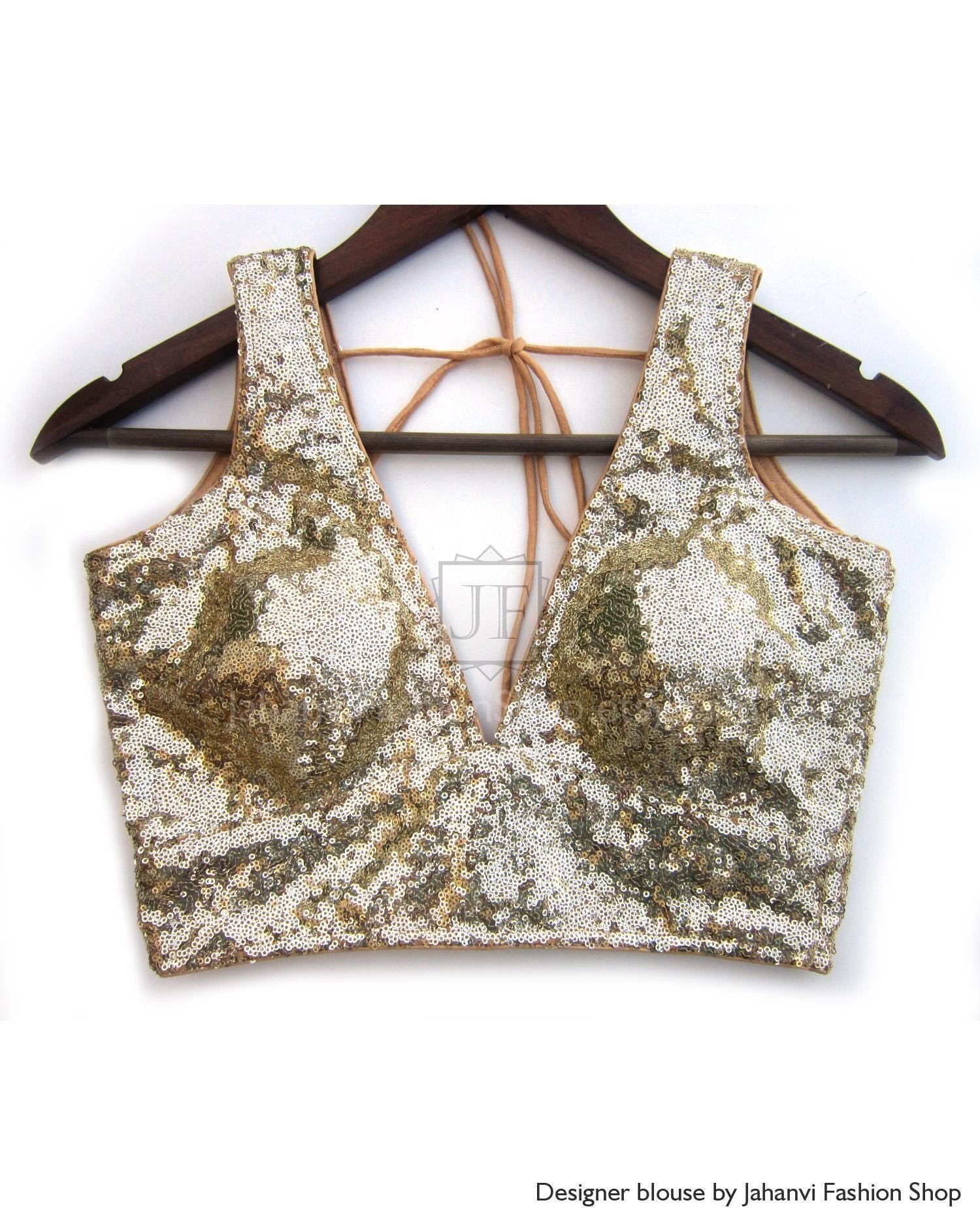 Bridal Gold Sequin Saree Blouse: Sabyasachi Style Readymade Top