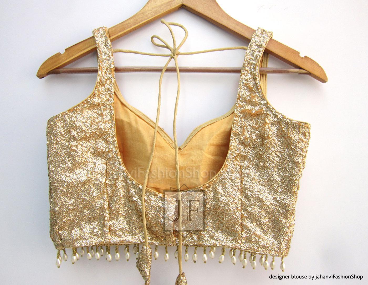 Light gold sequin sleeveless saree blouse with V neckline and back crisscross tie straps