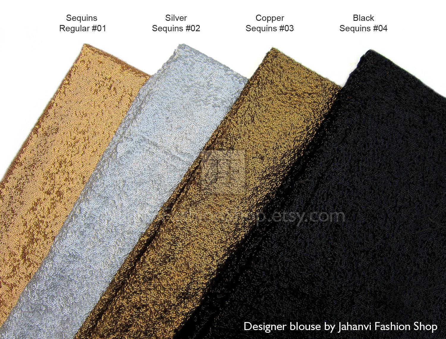 Sequin blouse color swatches: regular gold, silver, copper, black