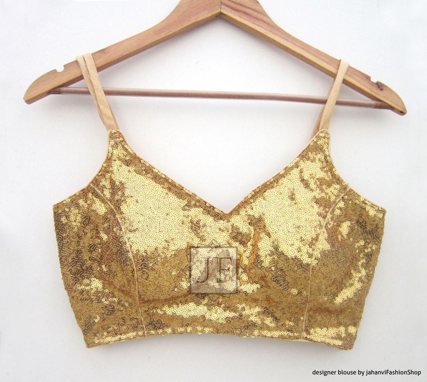 Spaghetti Strap Saree Blouse: Handmade Glitter Sequin, Stitched Indian Top