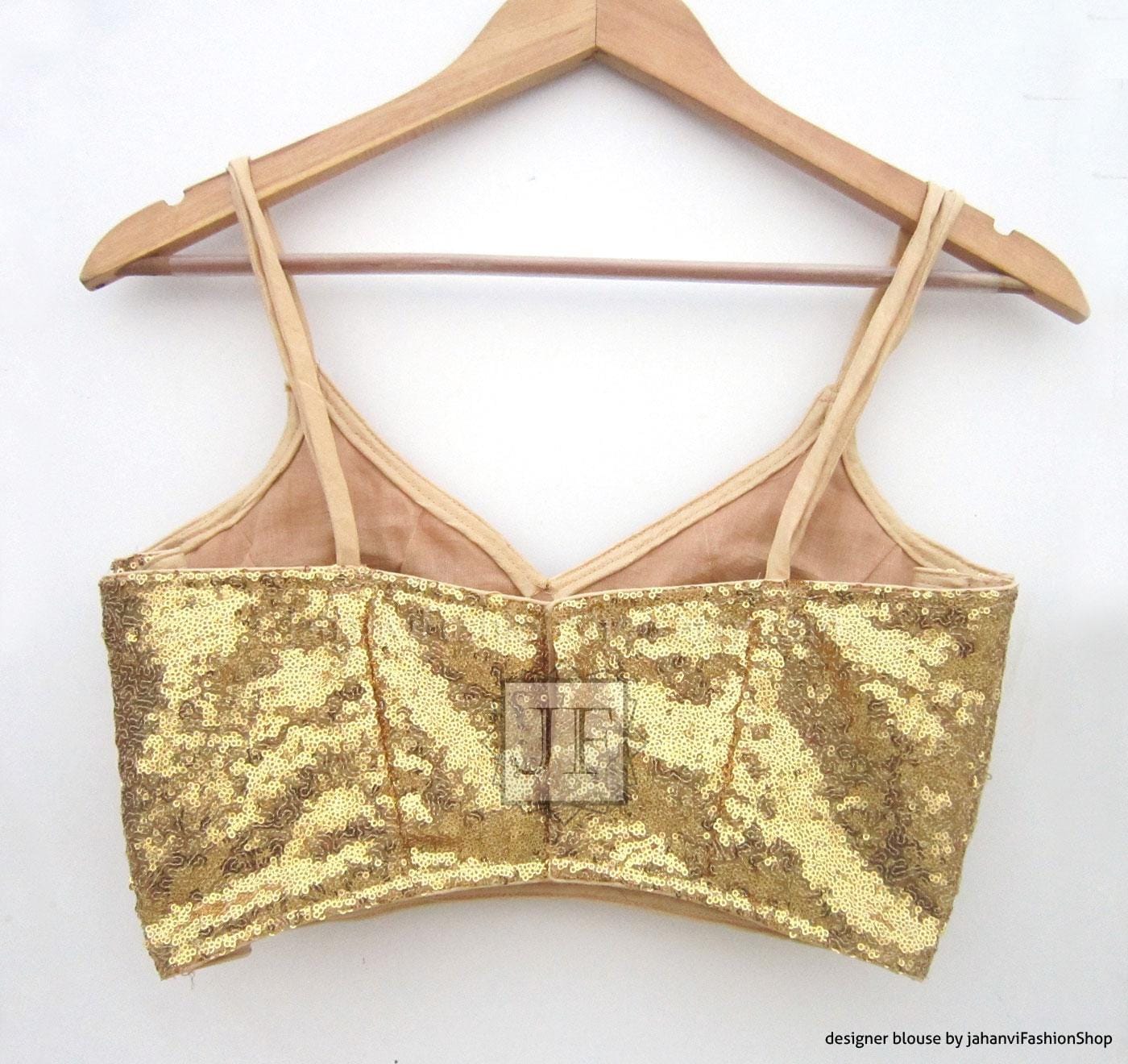 Gold sequin spaghetti-strap saree blouse with open back and V-neck front