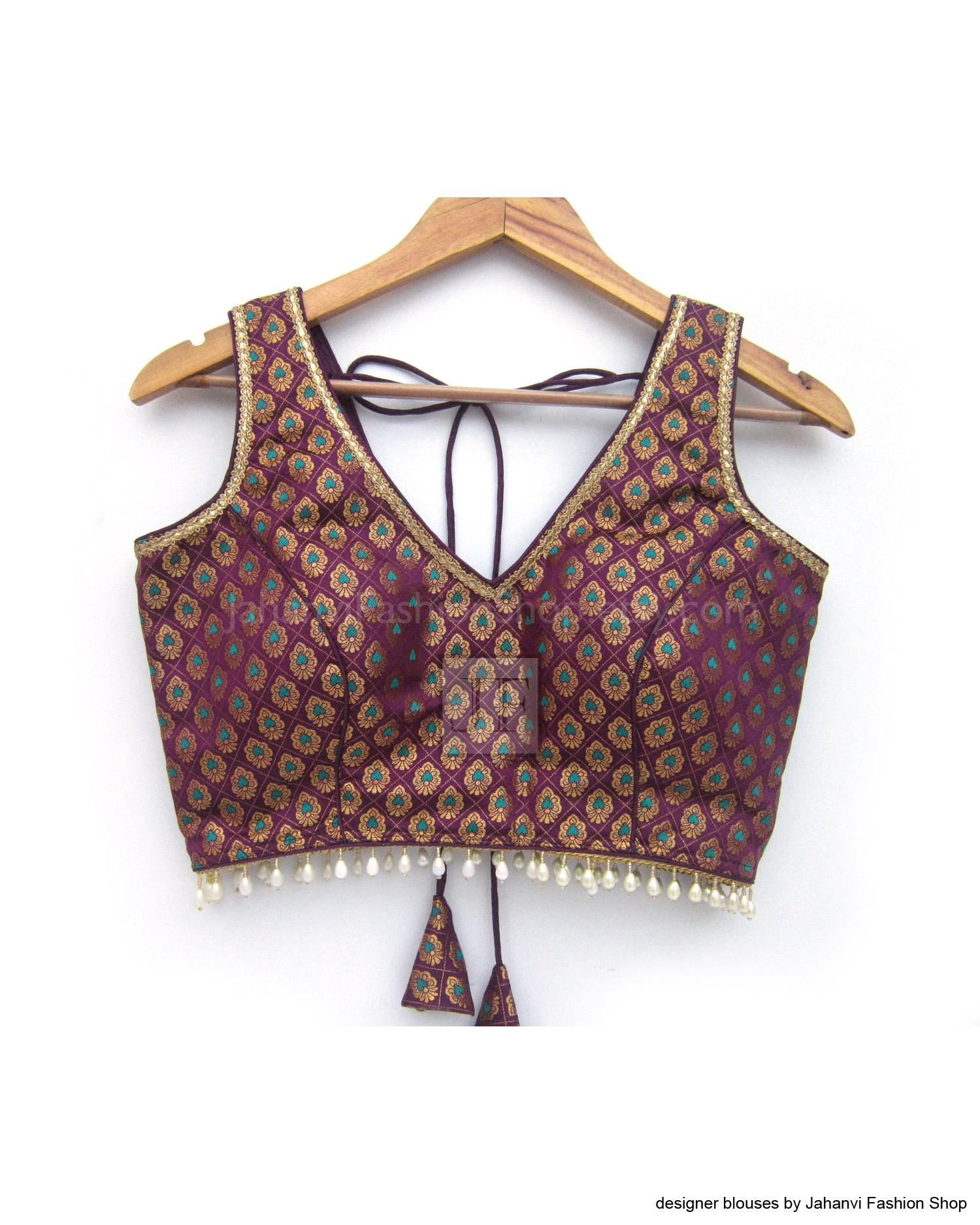 Brocade silk V-neck sleeveless blouse, maroon and gold with beaded fringe hem