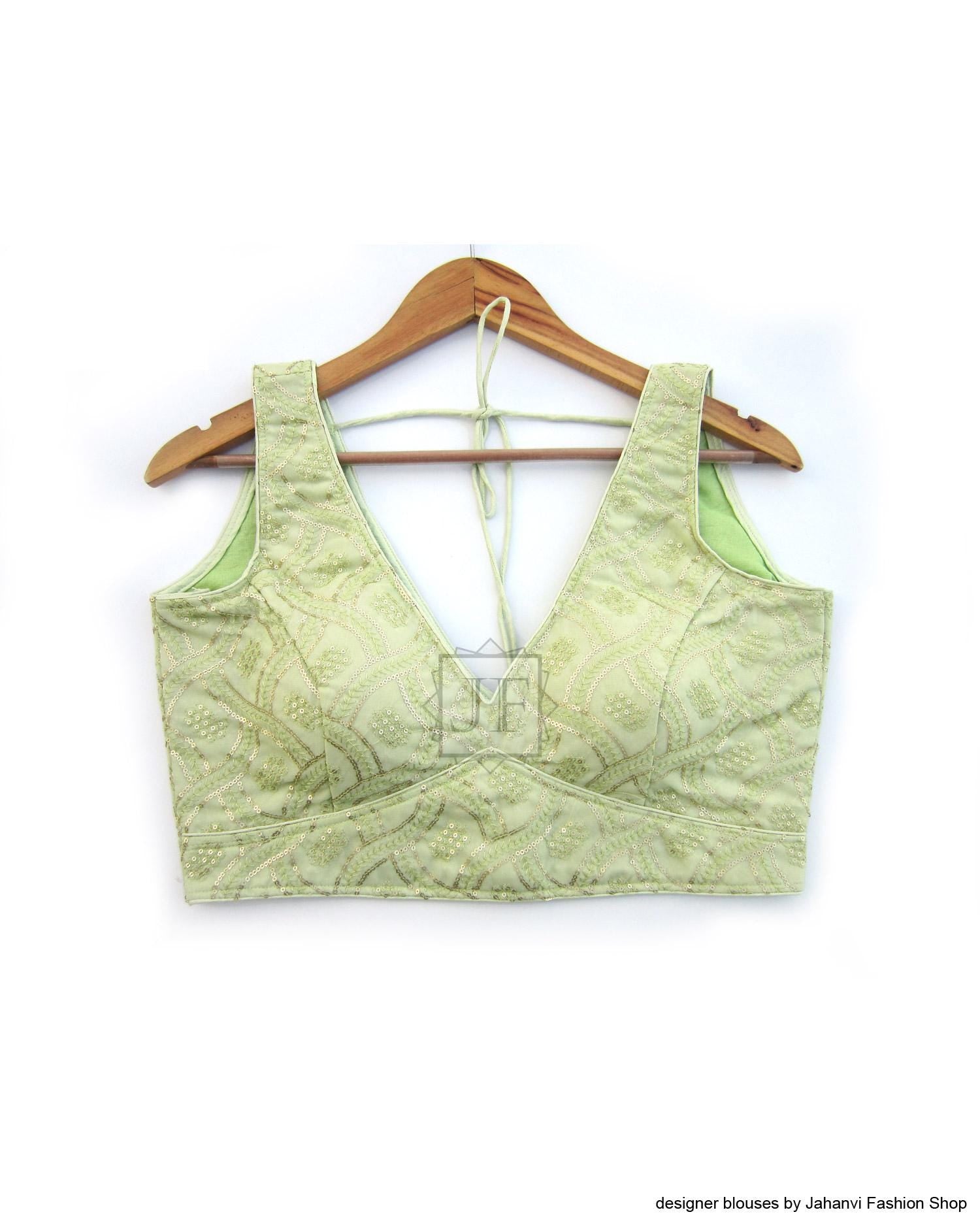 Pistachio Green Flourish Embroidery Ready To Wear, V-Neck Sabyasachi Bridal Saree Blouse Princess Cut Padded Premium Indian Crop Top