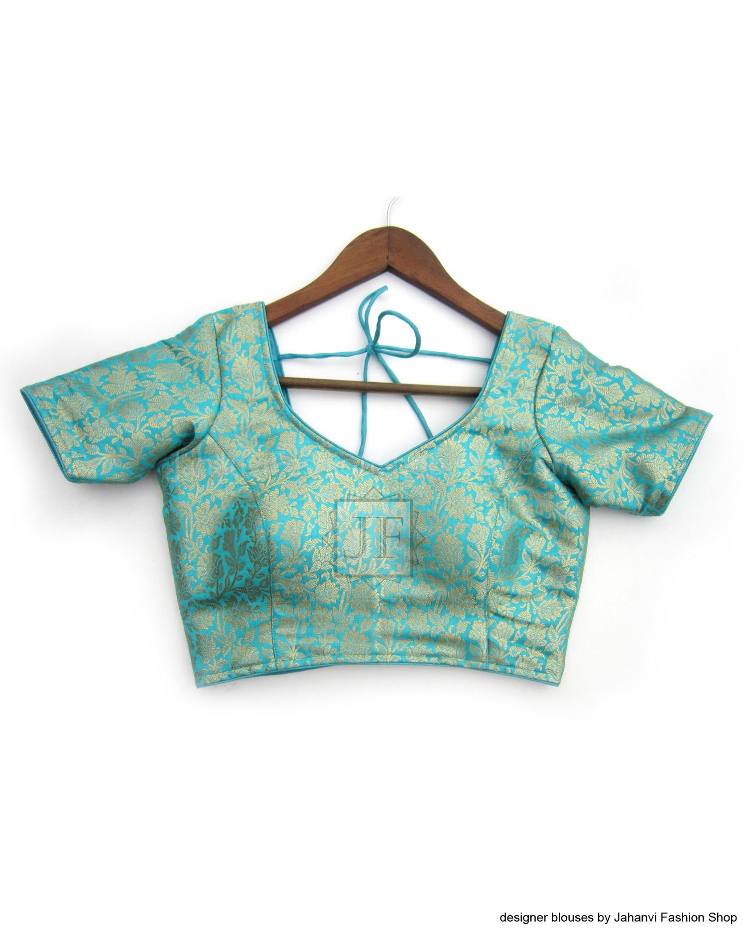 Embellished sari blouse, turquoise blue brocade with round neckline and short sleeves