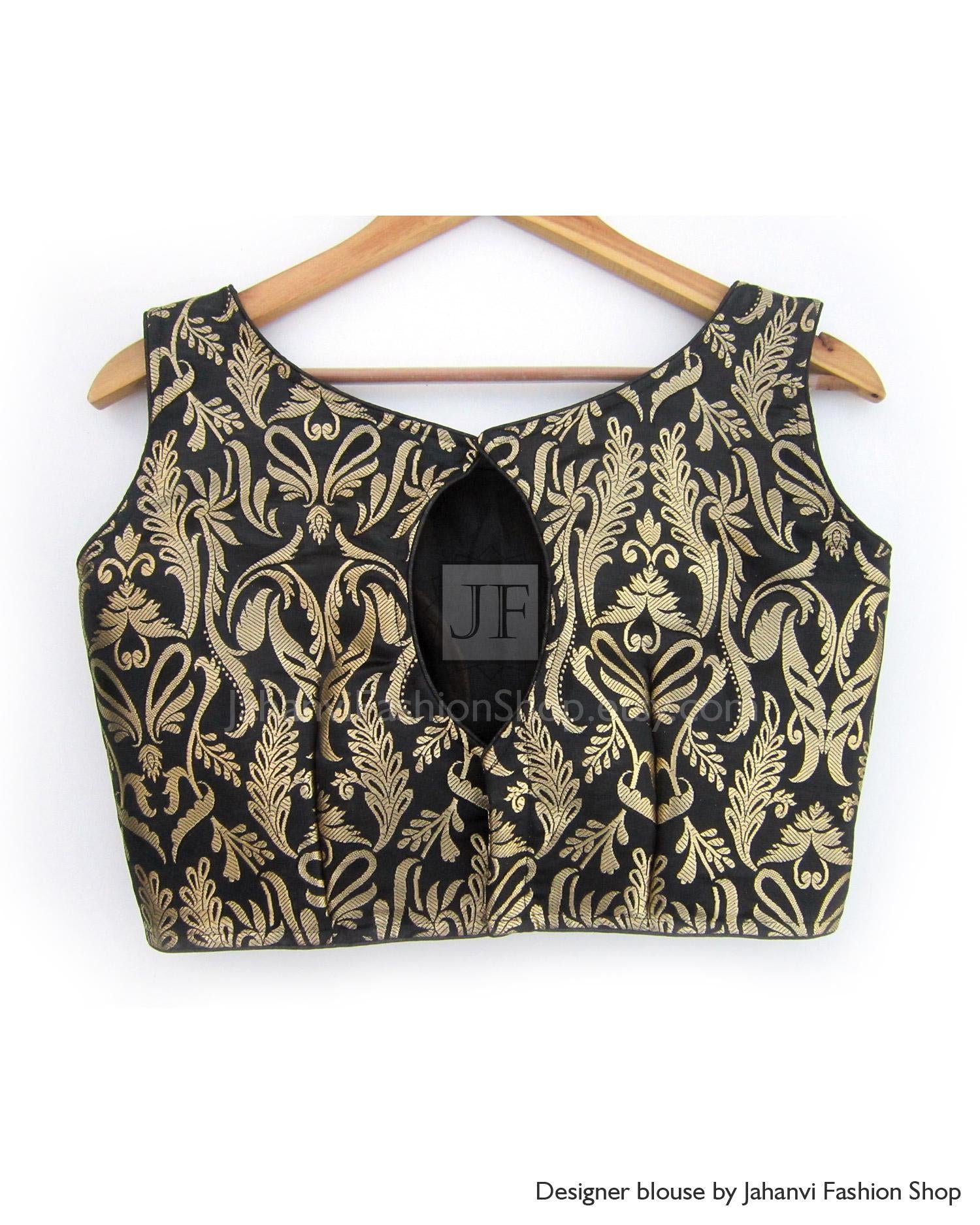 Black Brocade Saree Blouse: Boat Neck, Sleeveless Custom Made Crop Top
