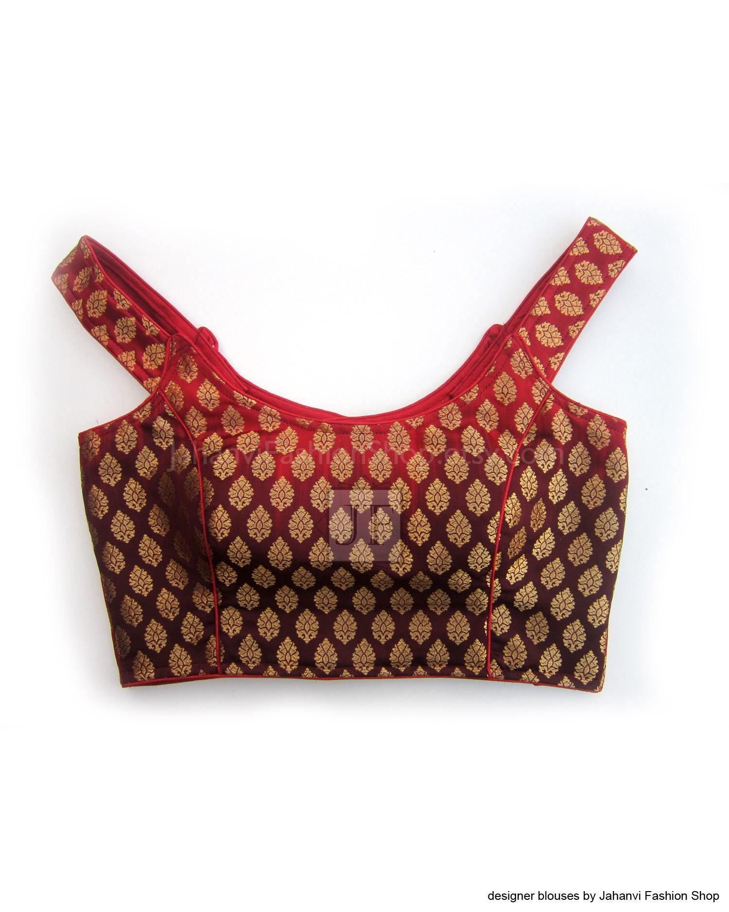 Off-shoulder brocade saree blouse in maroon and gold with short sleeves