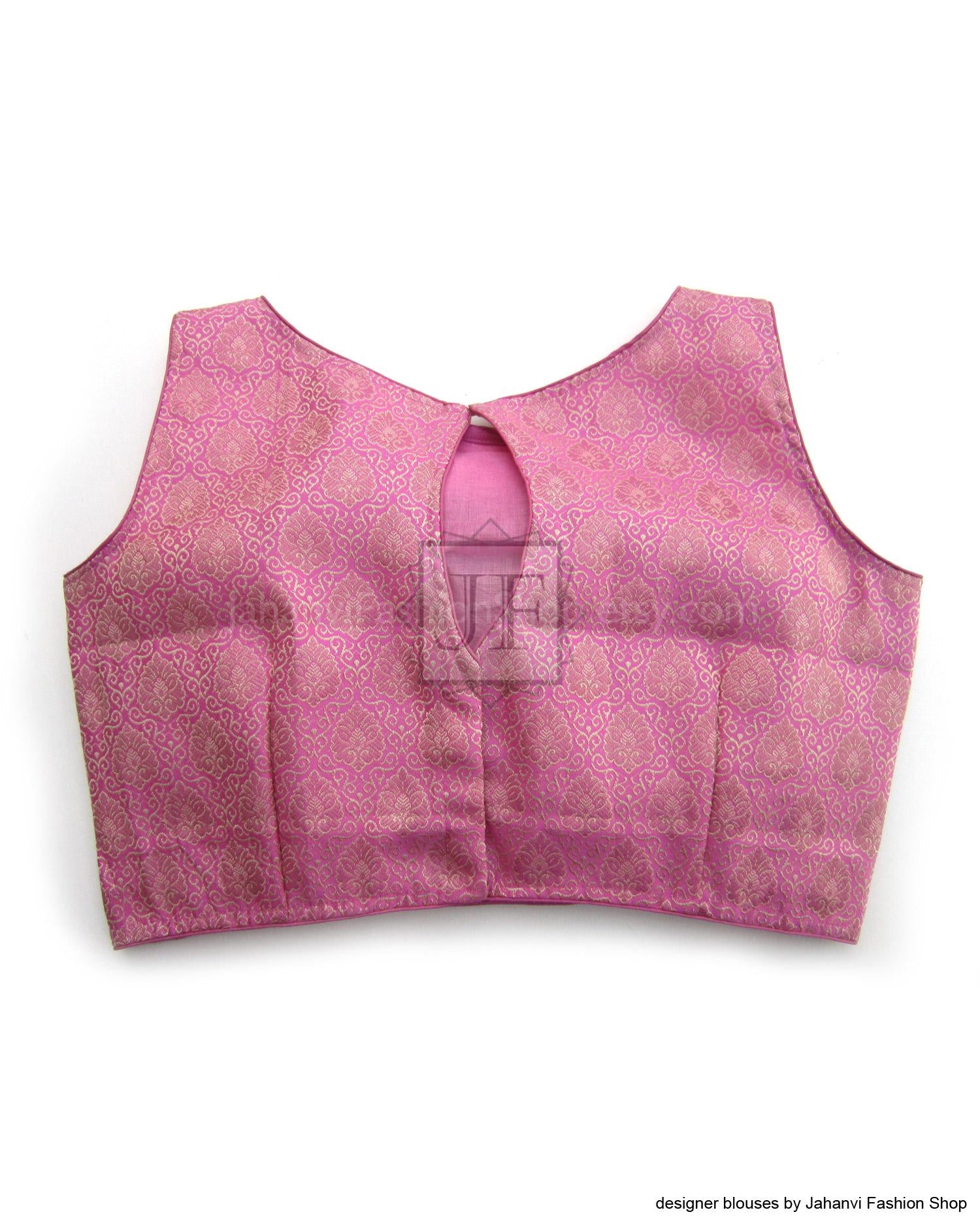Magenta pink brocade saree blouse, back view with keyhole opening, sleeveless