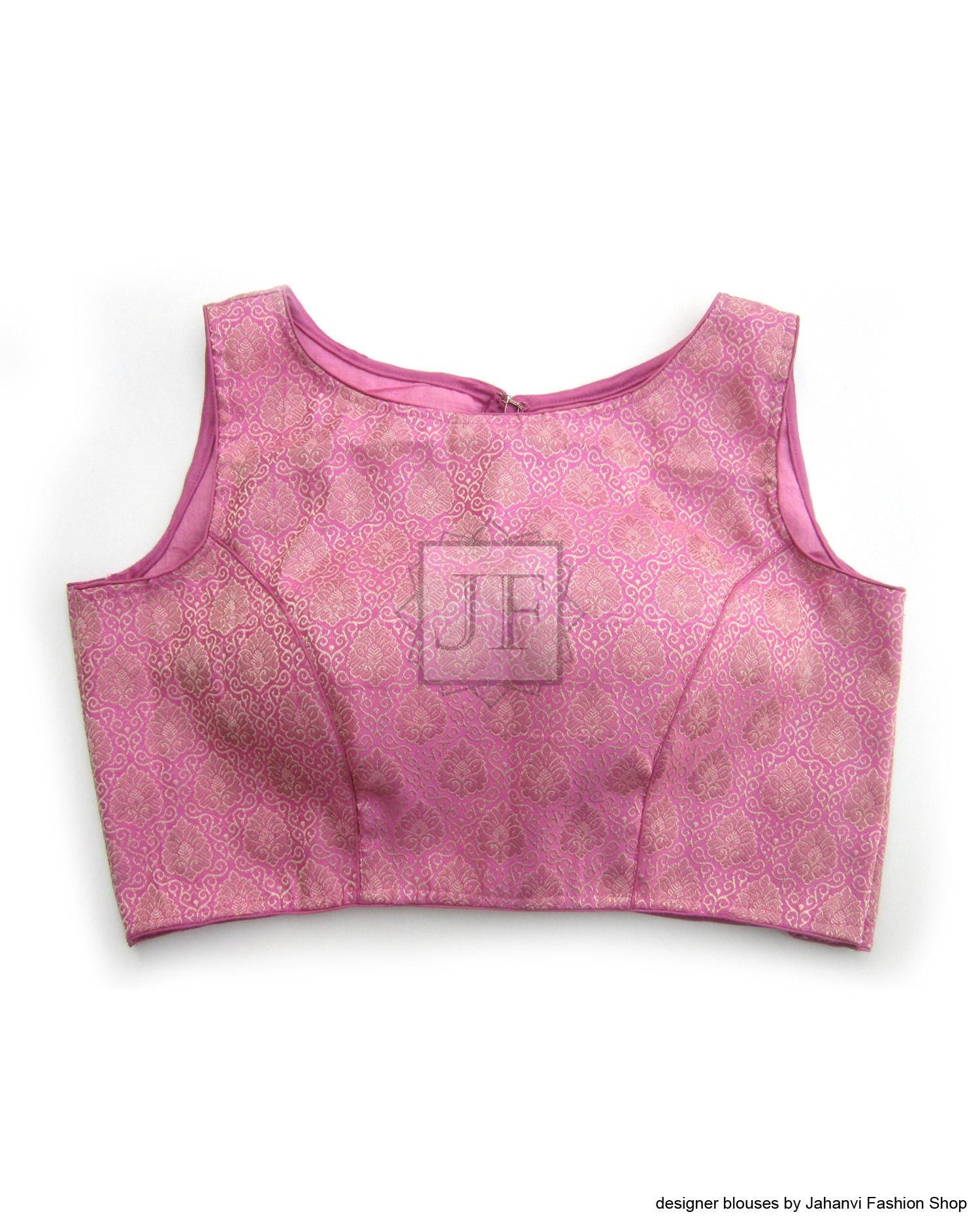 Magenta pink brocade saree blouse, boat neck, sleeveless, cropped fit