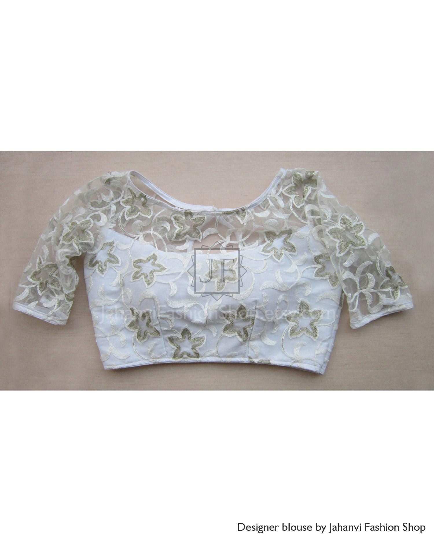 Embroidery Sheer Fabric Saree Blouse- Readymade Crop Top 3/4 Sleeve