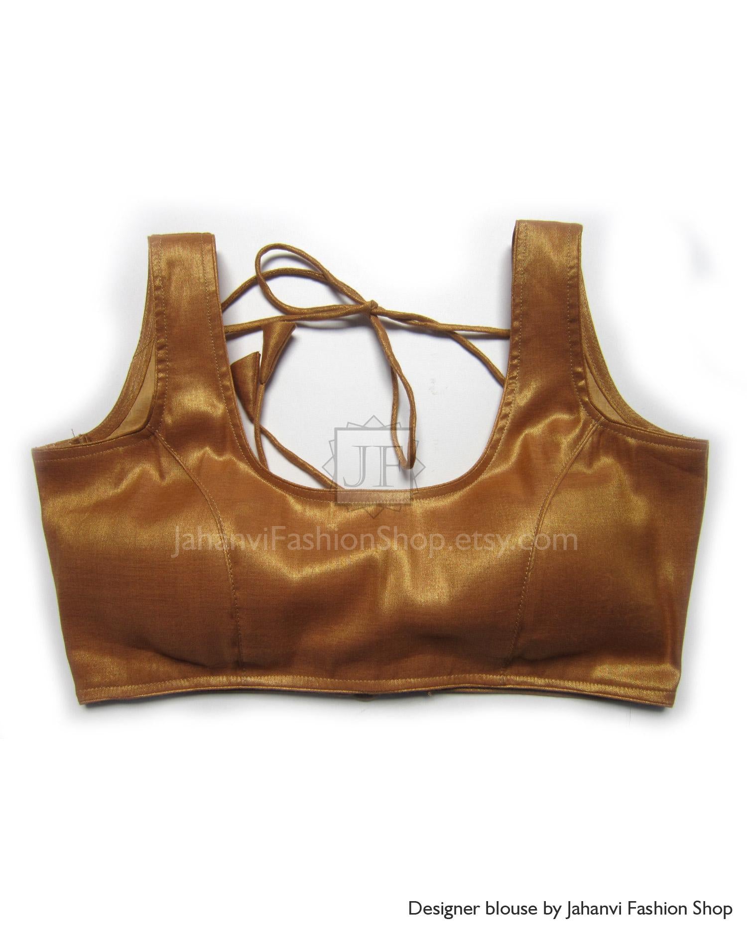 Backless Golden Saree Blouse: Scoop Neck Designer Party Wear Choli for Wedding & Festivals