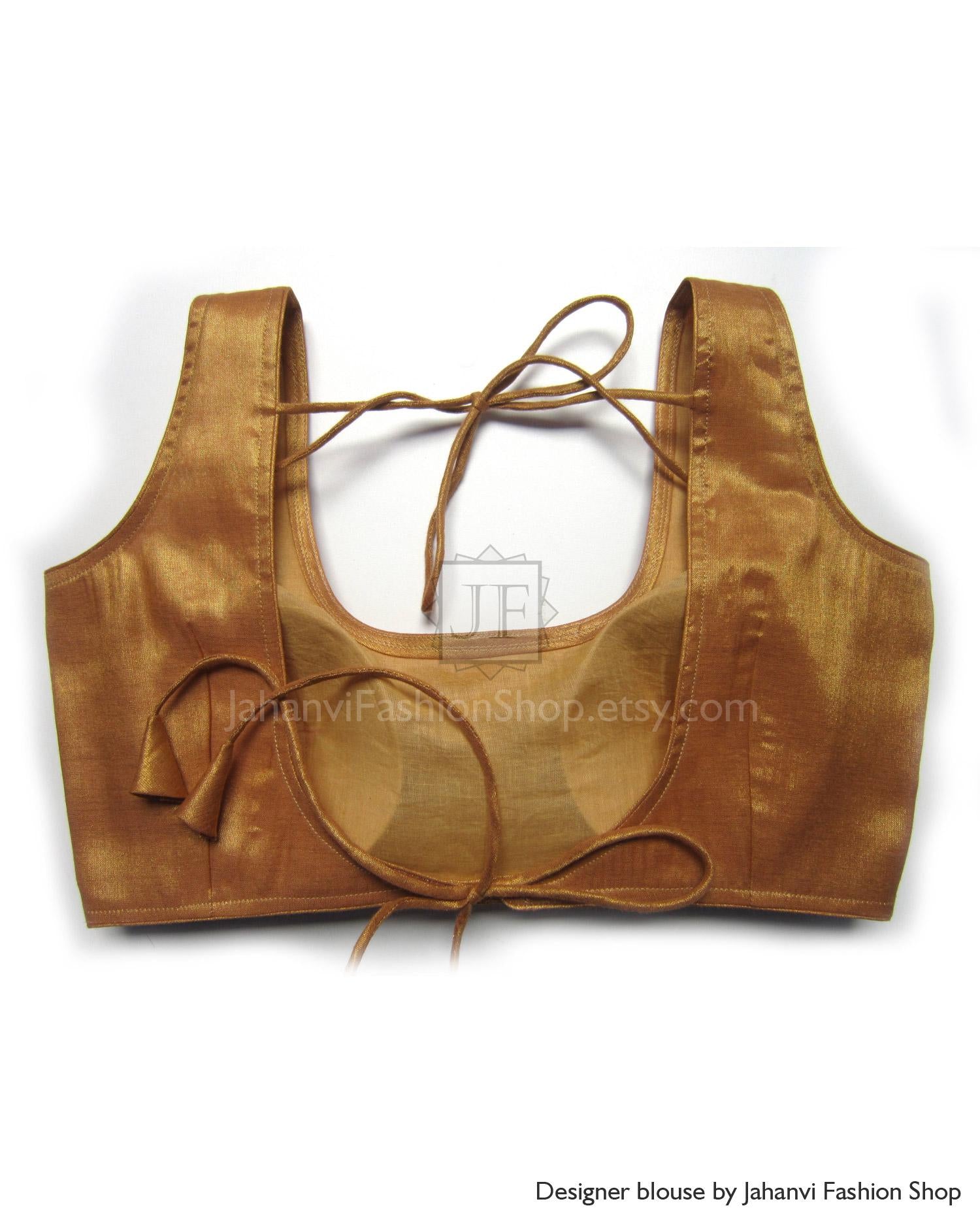 Backless Golden Saree Blouse: Scoop Neck Designer Party Wear Choli for Wedding & Festivals