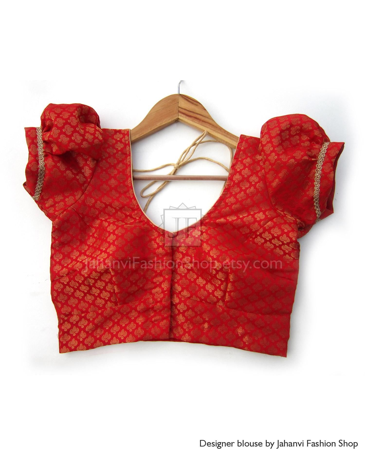 Red Readymade Designer Chanderi Silk Saree Blouse Round Neck Puff Sleeves Without Padded, Front Hook Handcrafted Festival Wear Crop Top USA