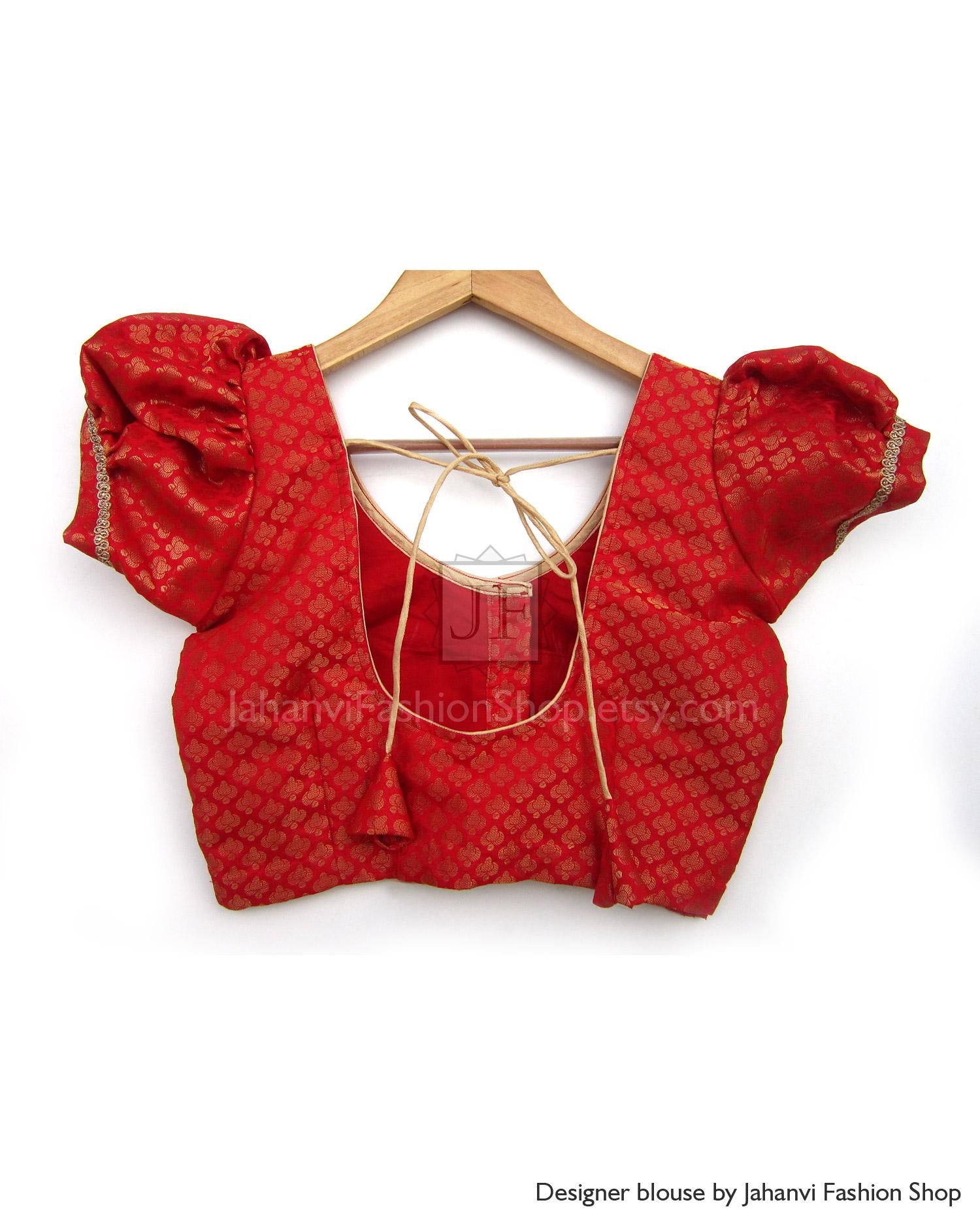 Red Readymade Designer Chanderi Silk Saree Blouse Round Neck Puff Sleeves Without Padded, Front Hook Handcrafted Festival Wear Crop Top USA
