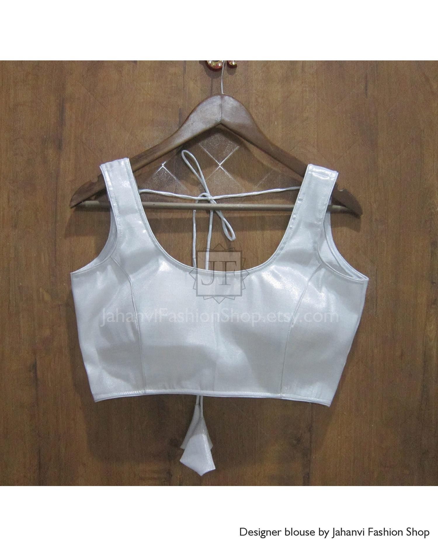 Silver Shimmer Golden, Copper Shimmer Silk Saree Blouse Round Neck Sleeveless, Princess Cut Back Hook With Pads Party Wear Sari Blouse USA